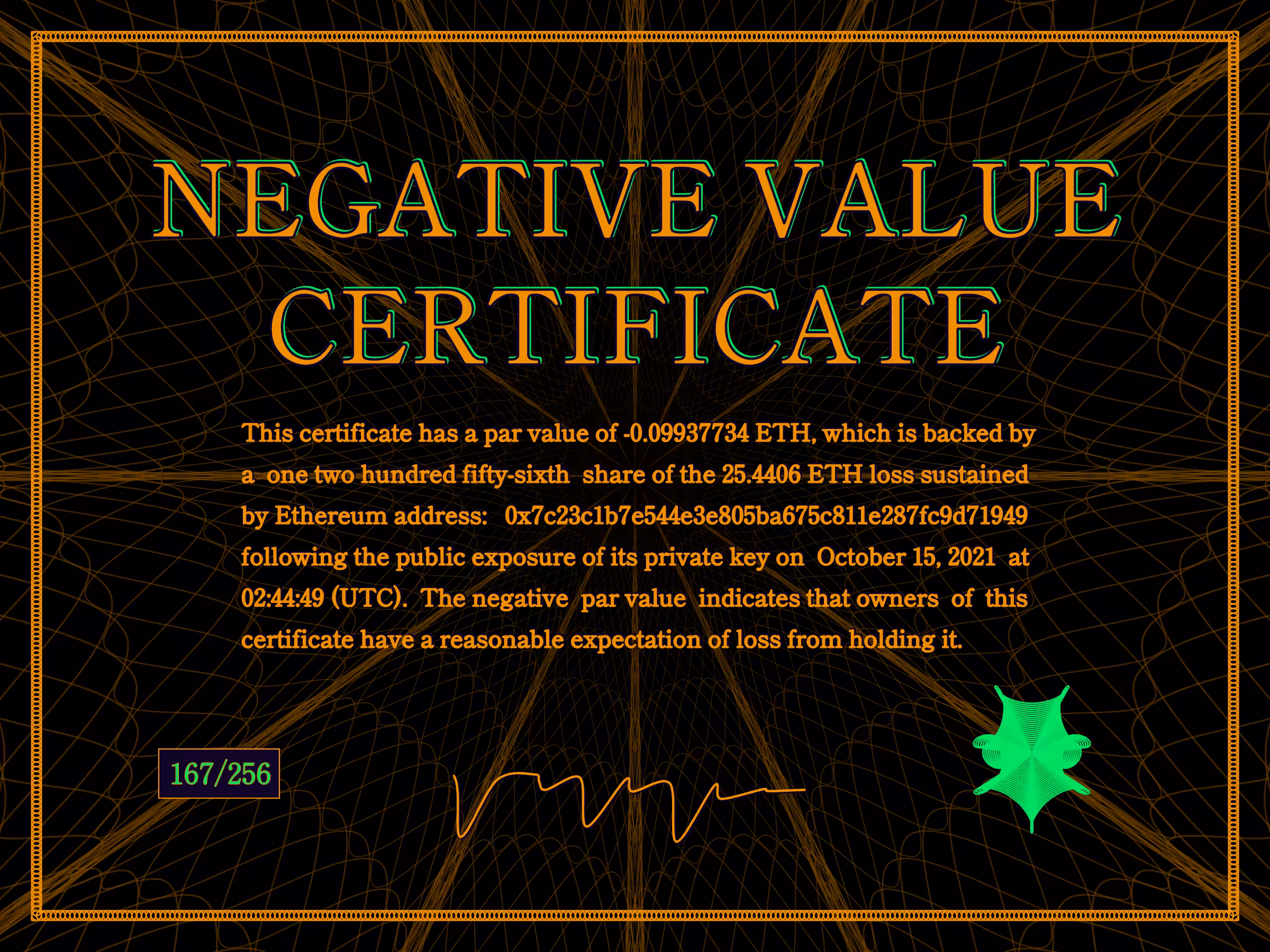 Negative Value Certificate #167 of 256