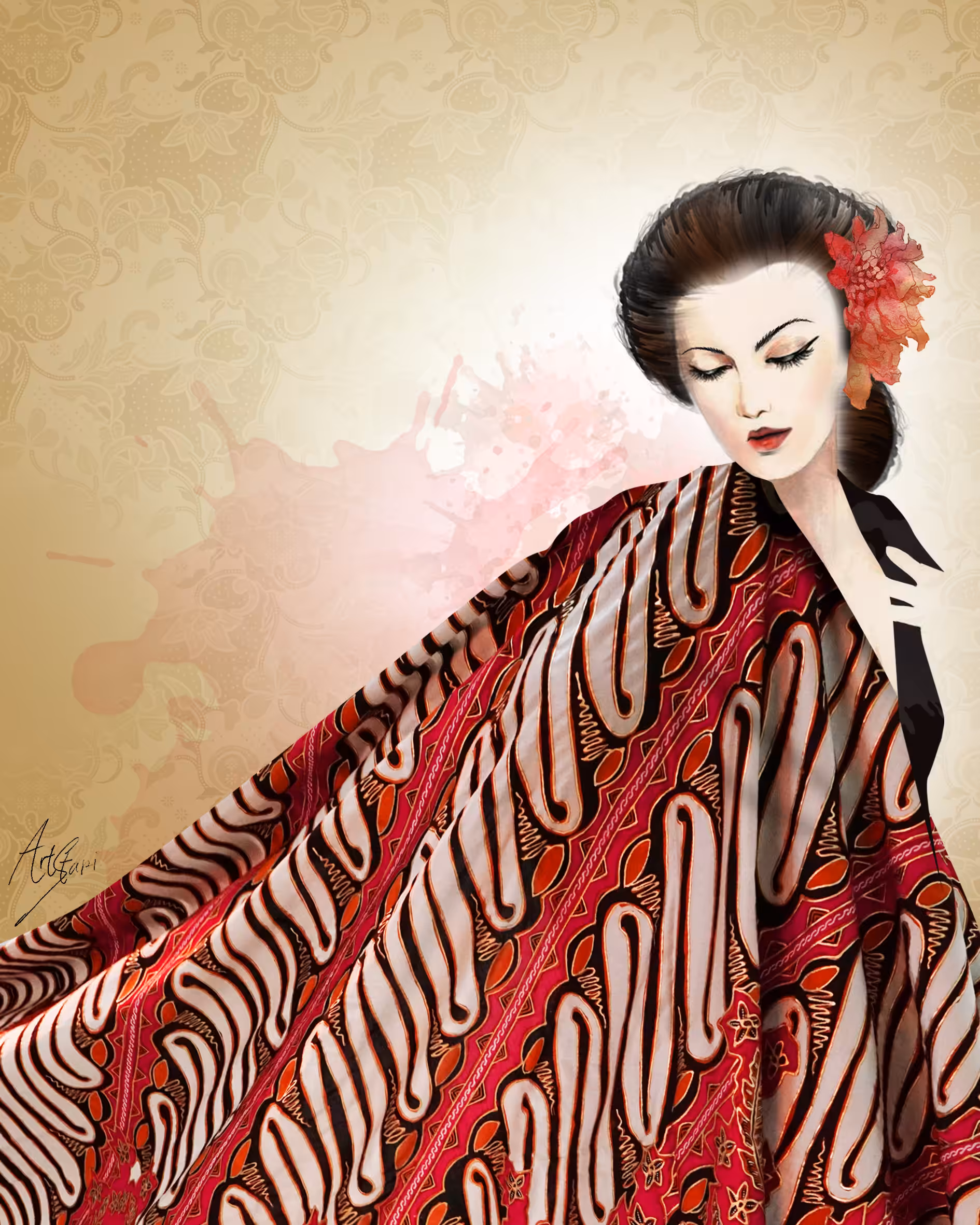 Javanese Lady Wearing Red Batik Parang