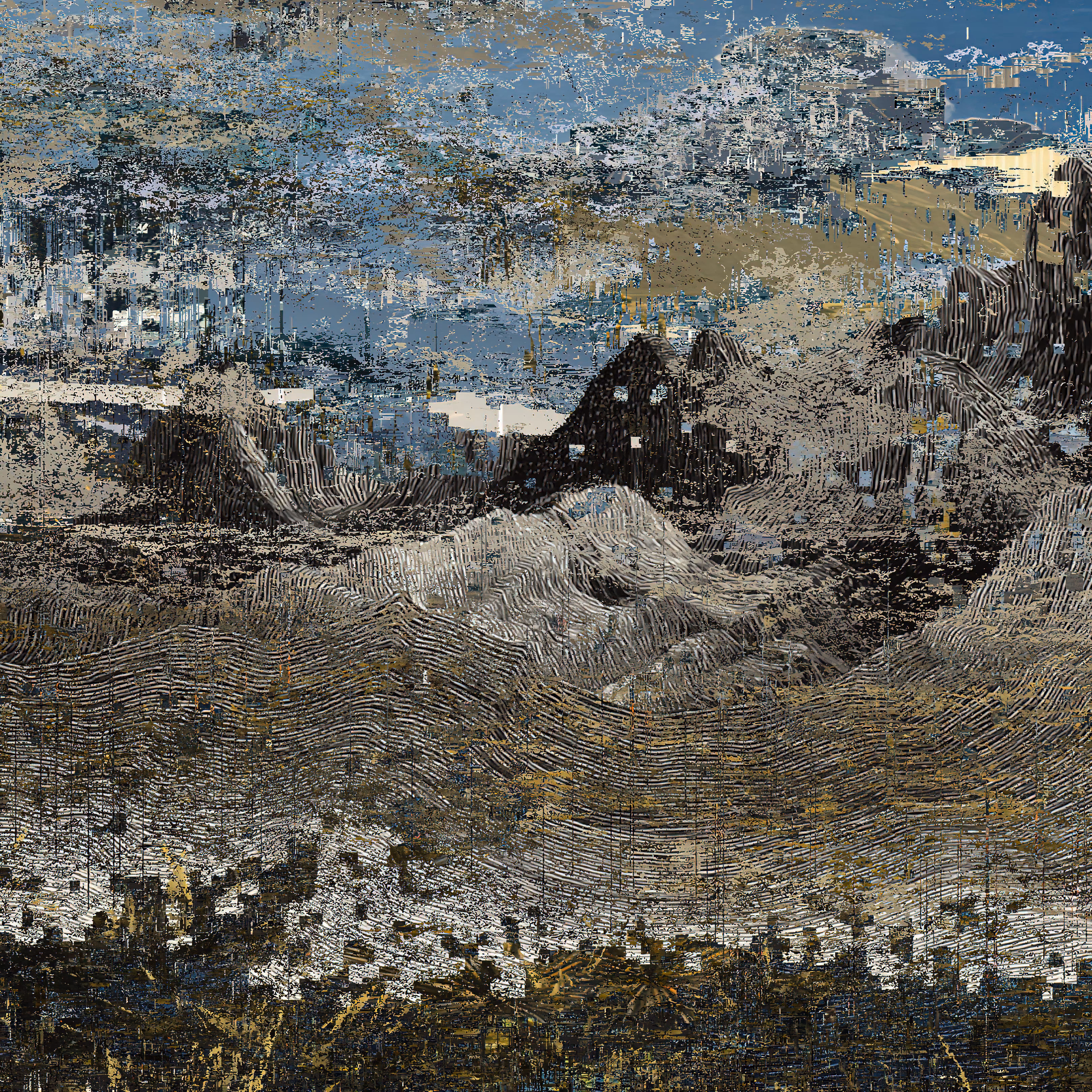 Mountain landscape with topographic structures distorted by algorithmic interference