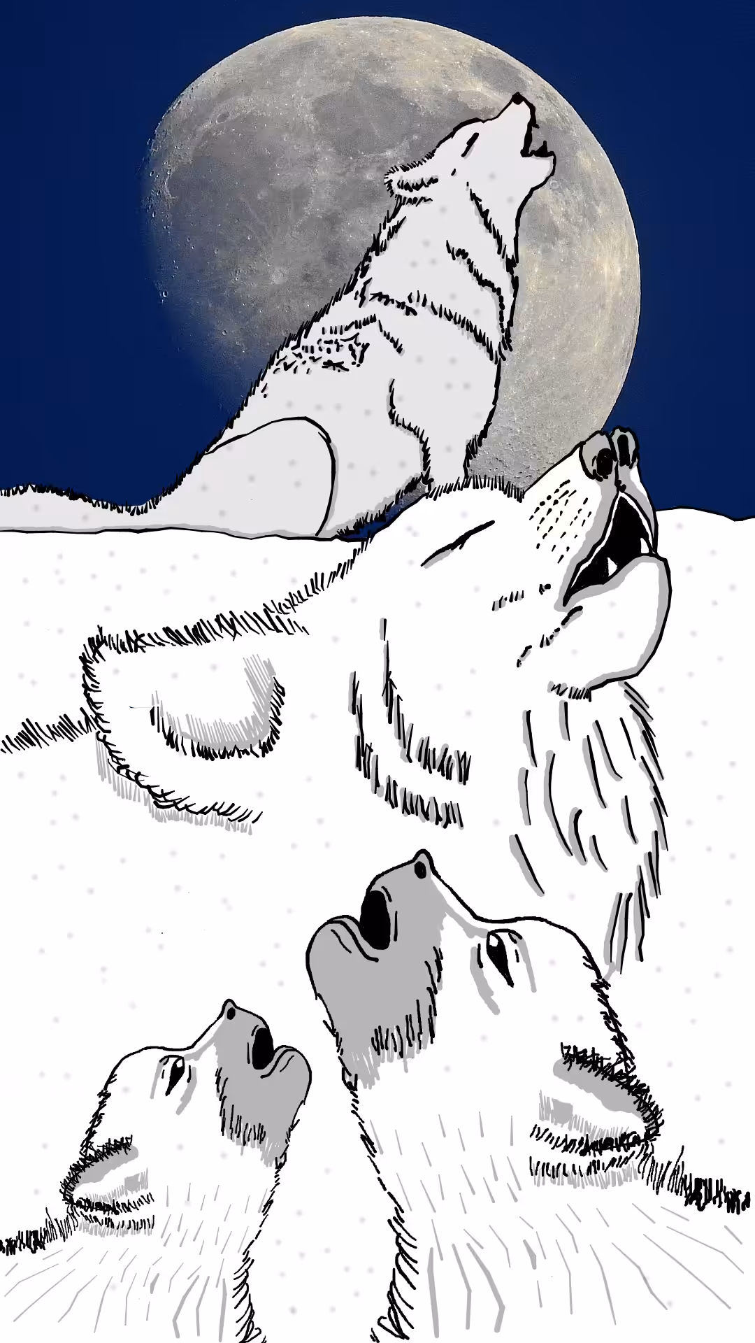 Arctic wolf family howling in snow and rising moon