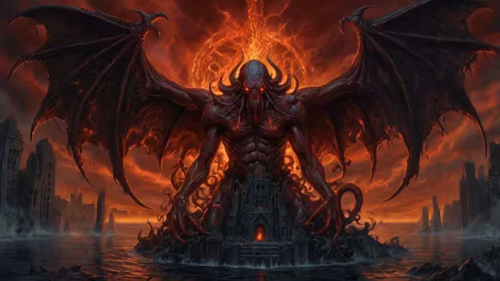 Artwork: Cthulhu rising from a fiery abyss