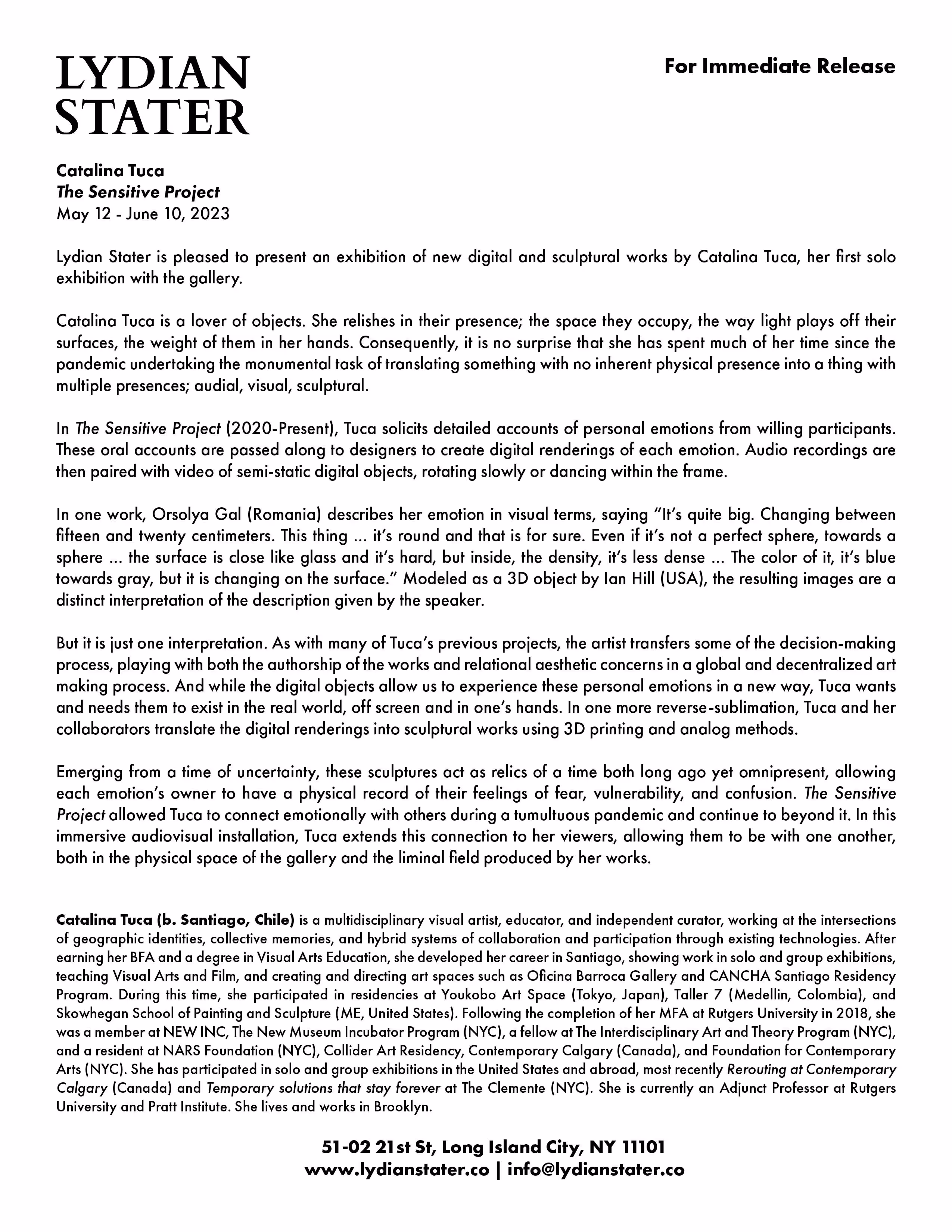 Catalina Tuca: The Sensitive Project Press Release