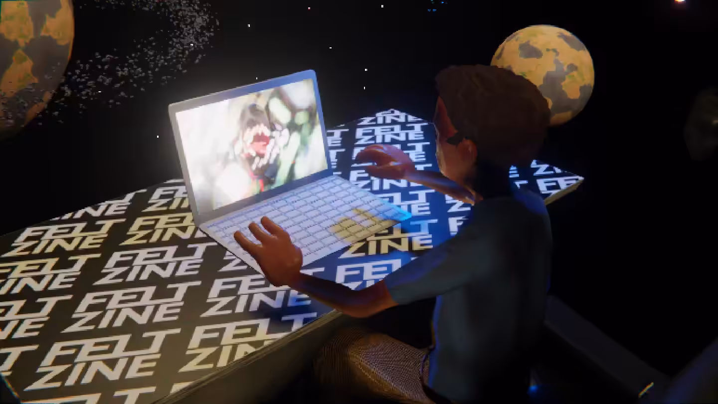 Desktop by Felt Zine: Desktop #107: The Developer in the Eames Chair With a Drone and a Algo Lite Macbook on a Felt Zine Table in Space