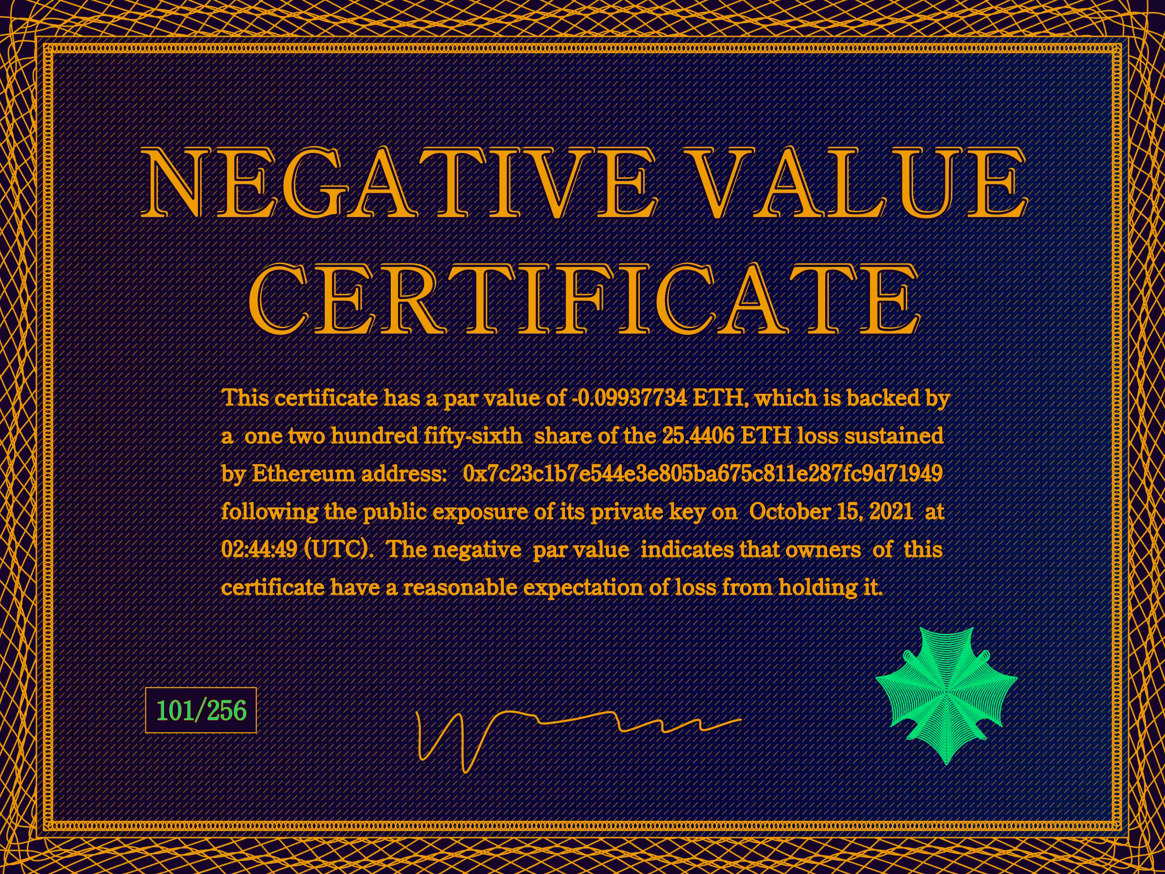 Negative Value Certificate #101 of 256