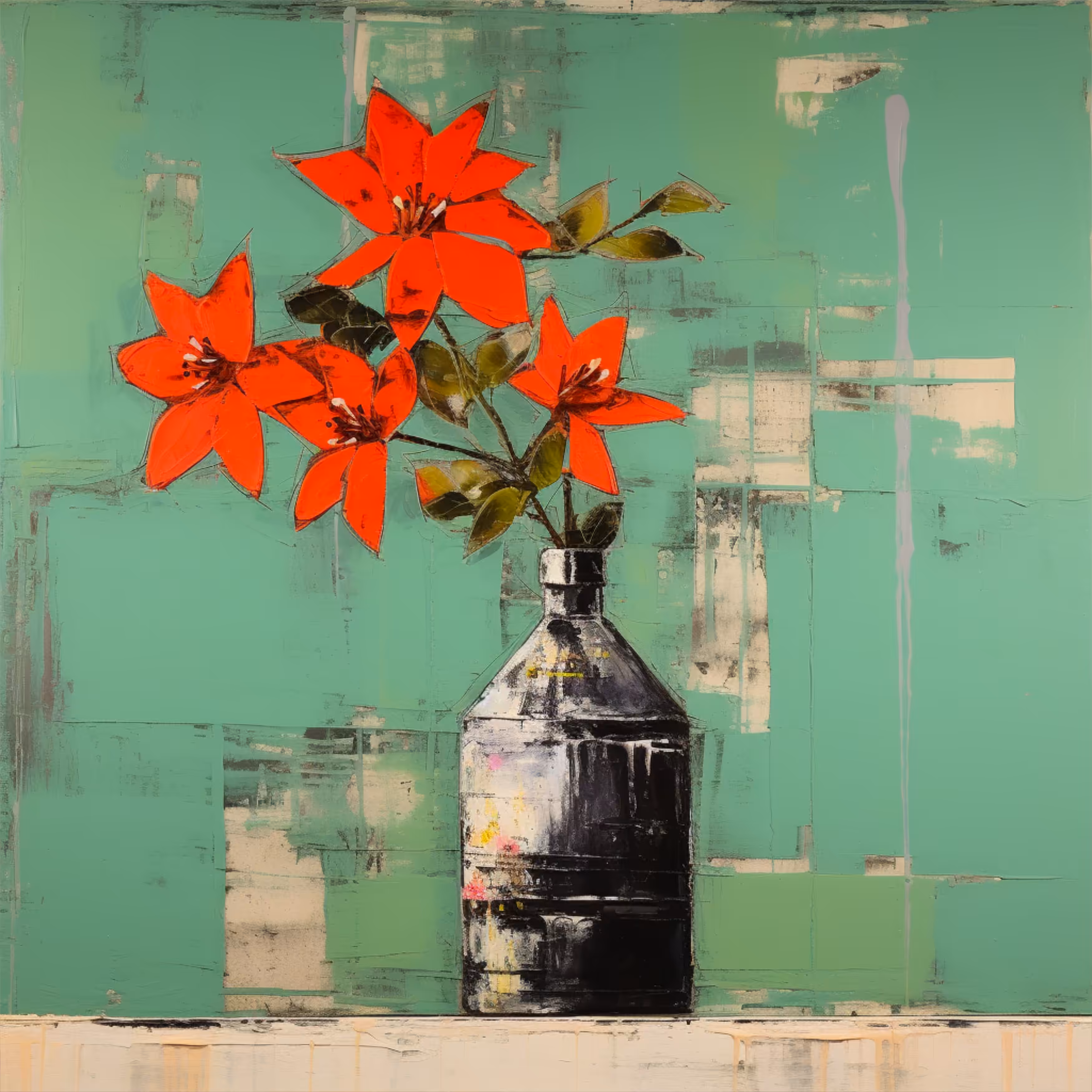 Black vase. Red flowers