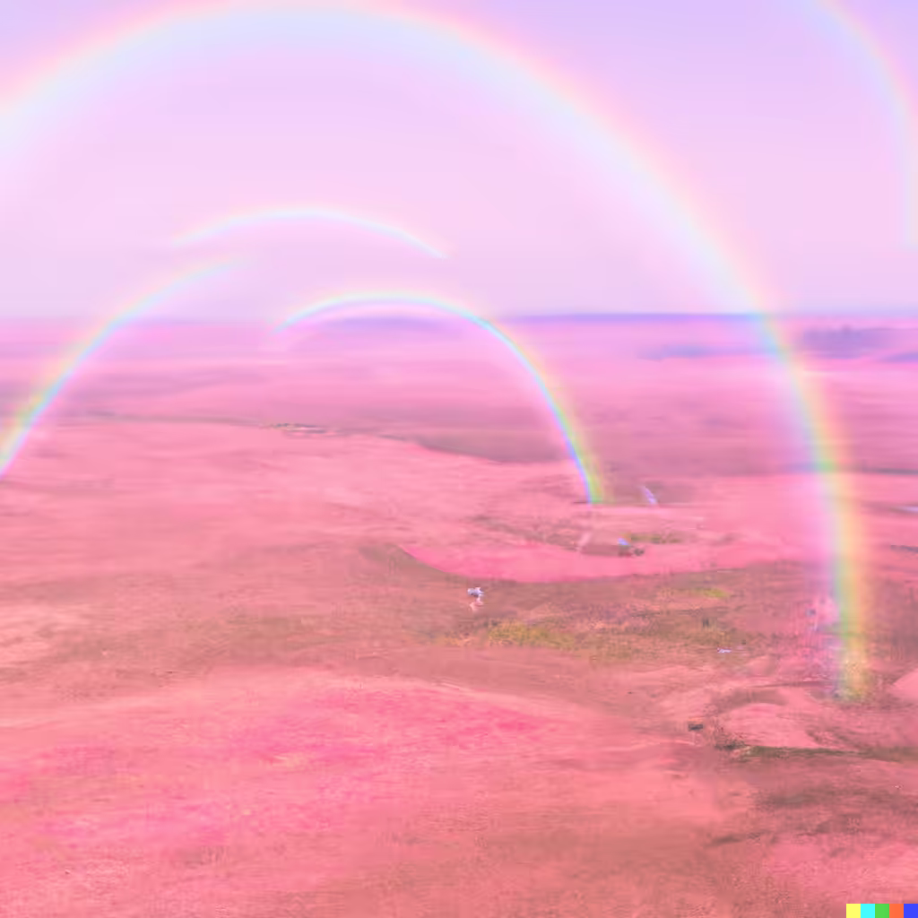 aerial view of 5 rainbows in a pink landscape