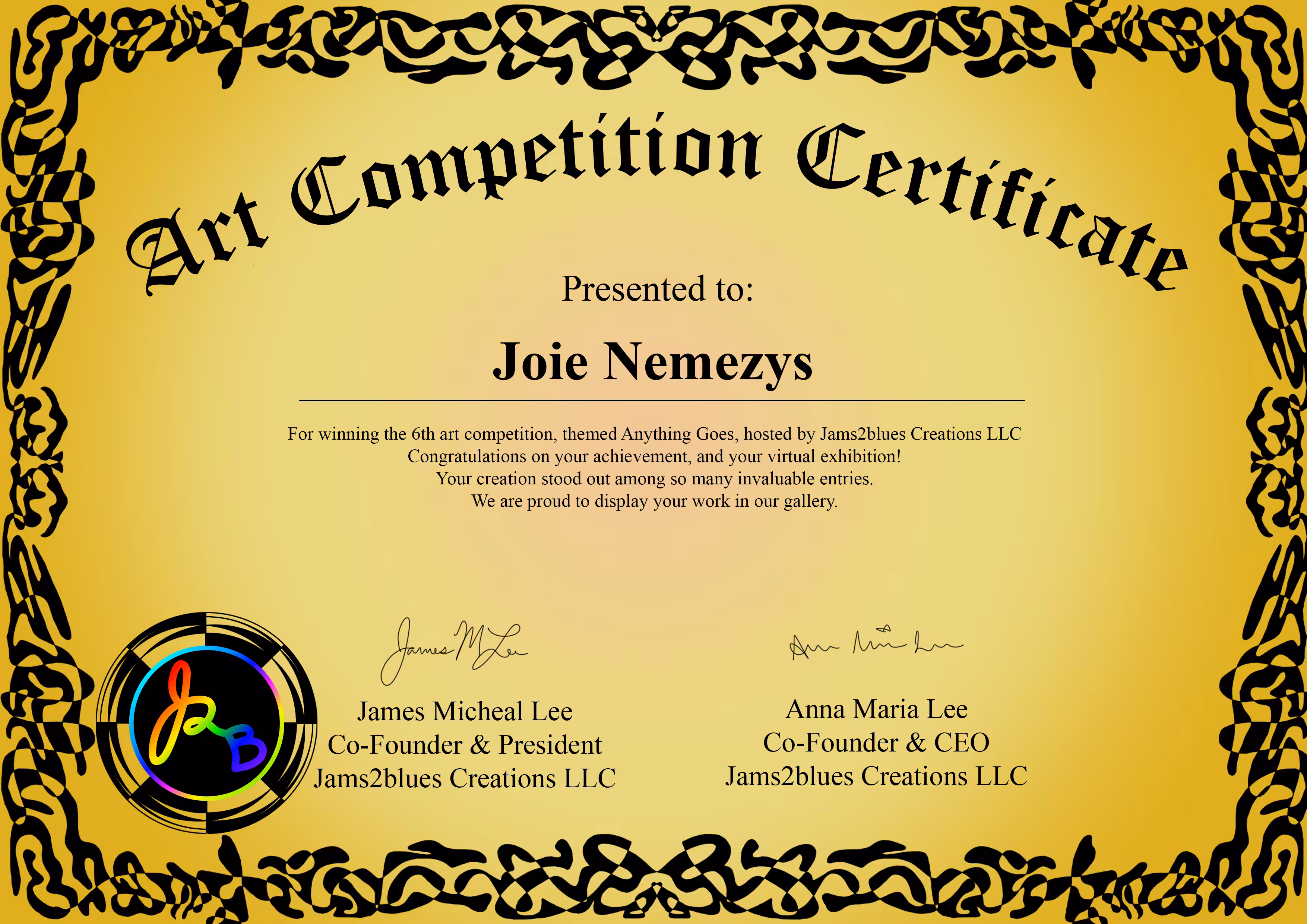 Joie Nemezys Winning Certificate of #J2BArtCompetition