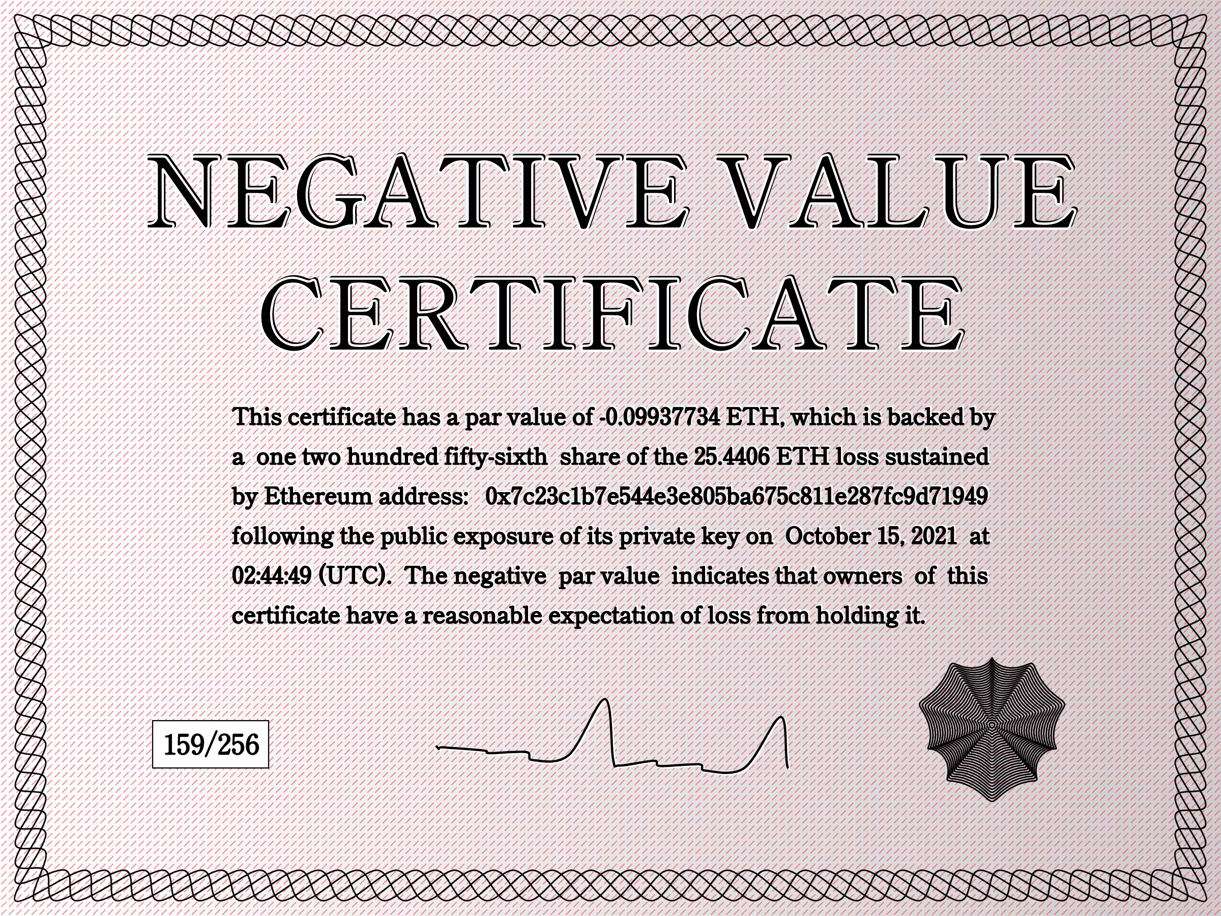 Negative Value Certificate #159 of 256