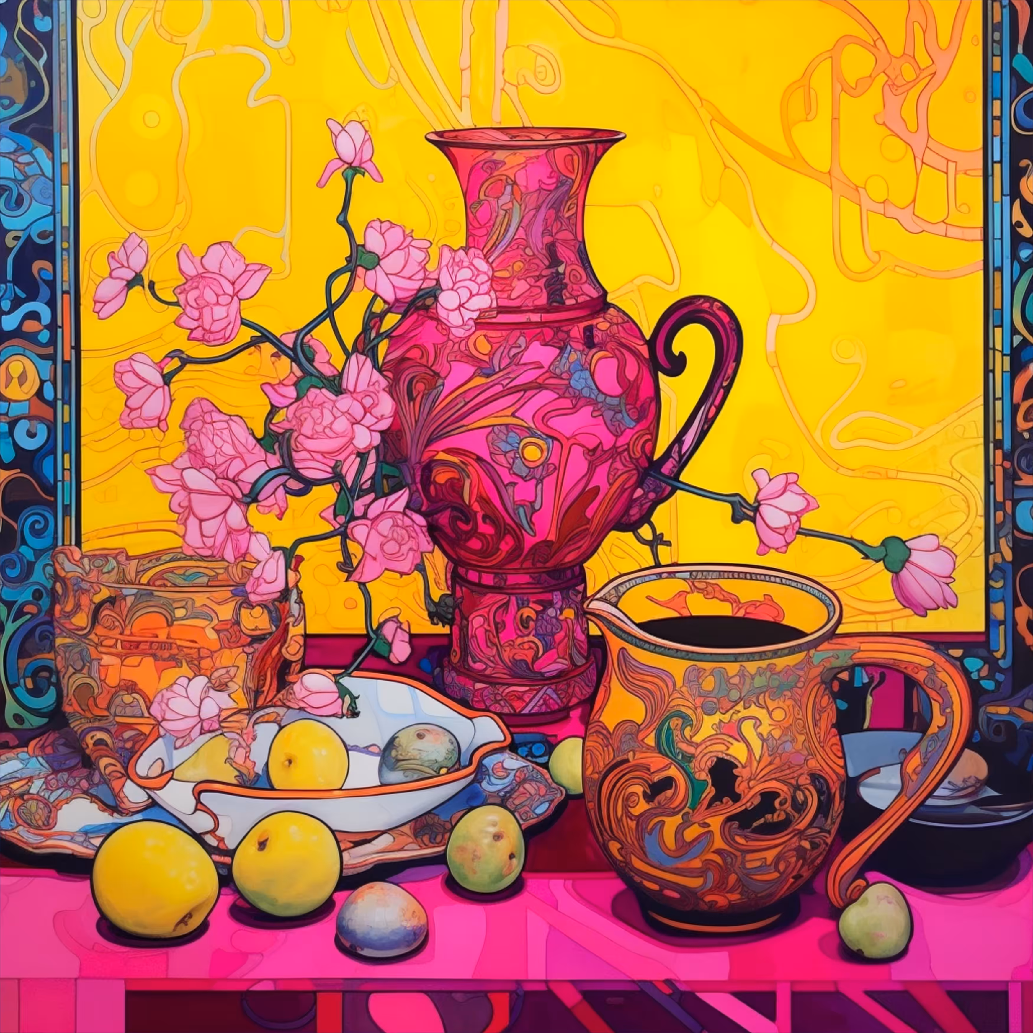Pink vase. Yellow apples