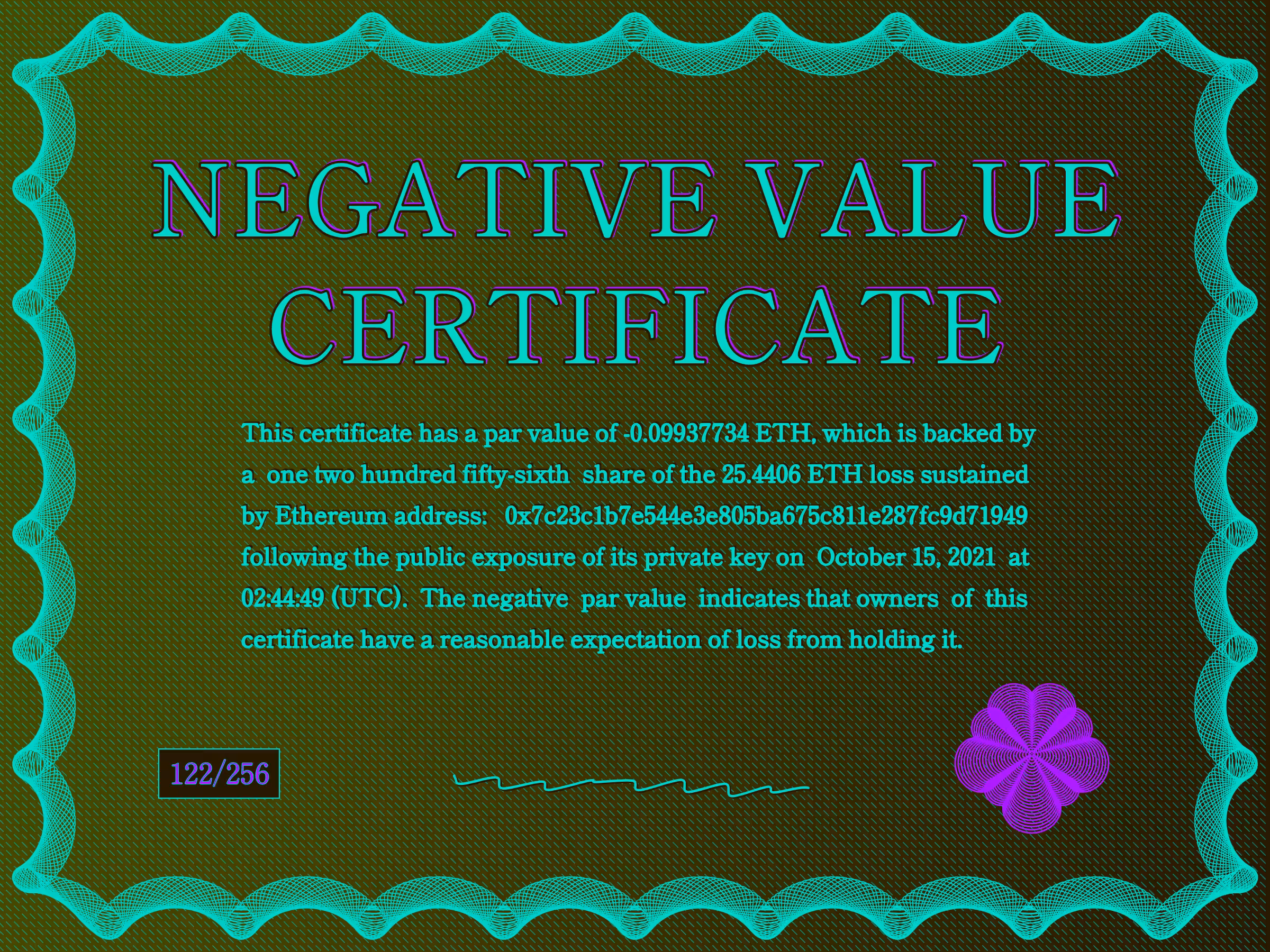 Negative Value Certificate #122 of 256