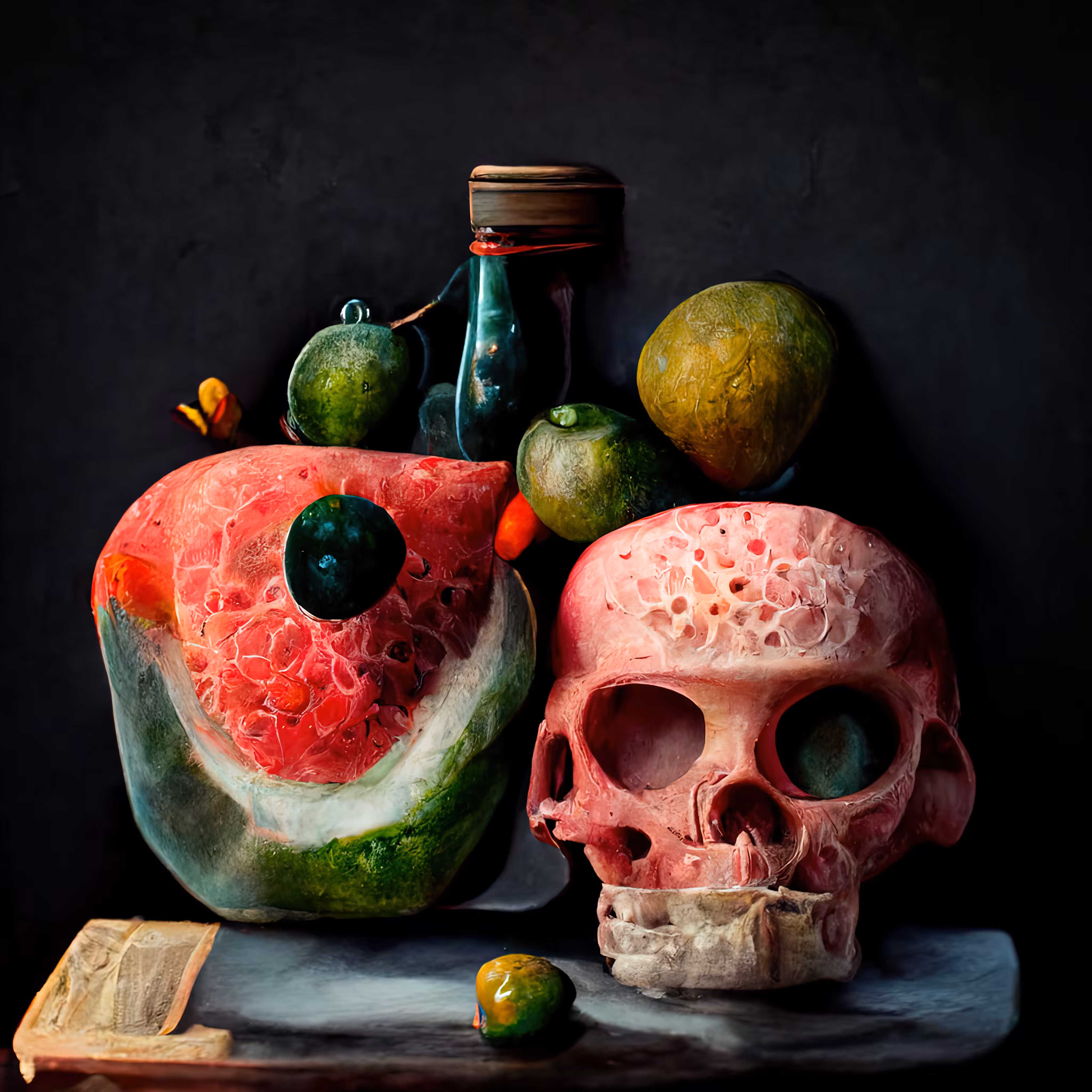 Still life with watermelons and skull. 001