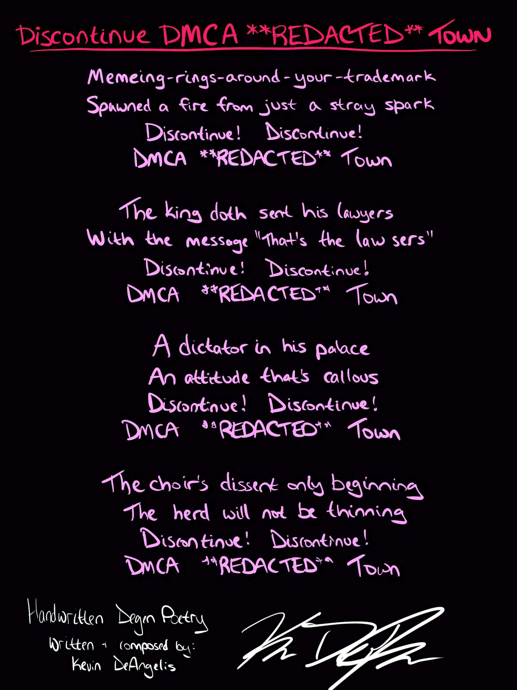 Discontinue DMCA **REDACTED** Town (Handwritten Edition)