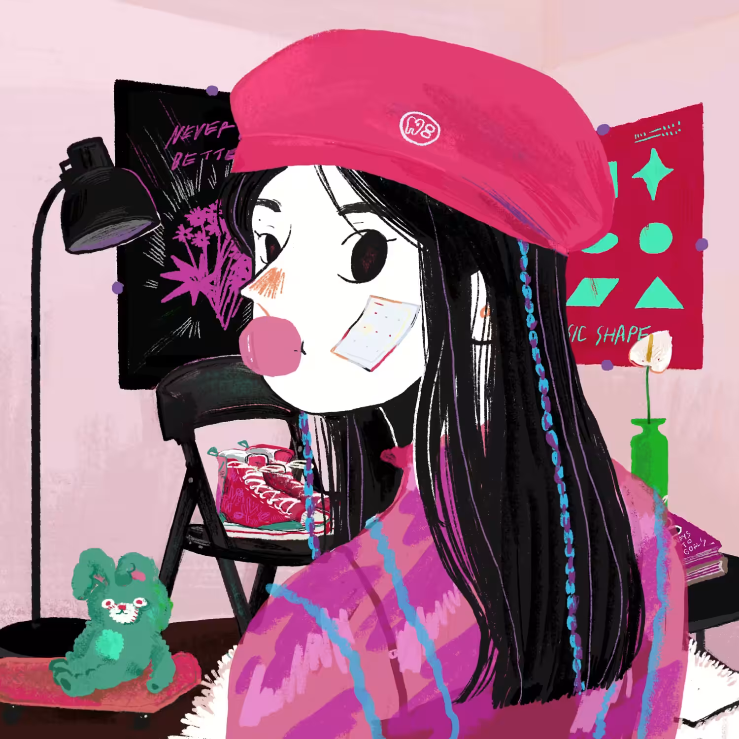 She is in the living room, Wearing her favorite beret - san