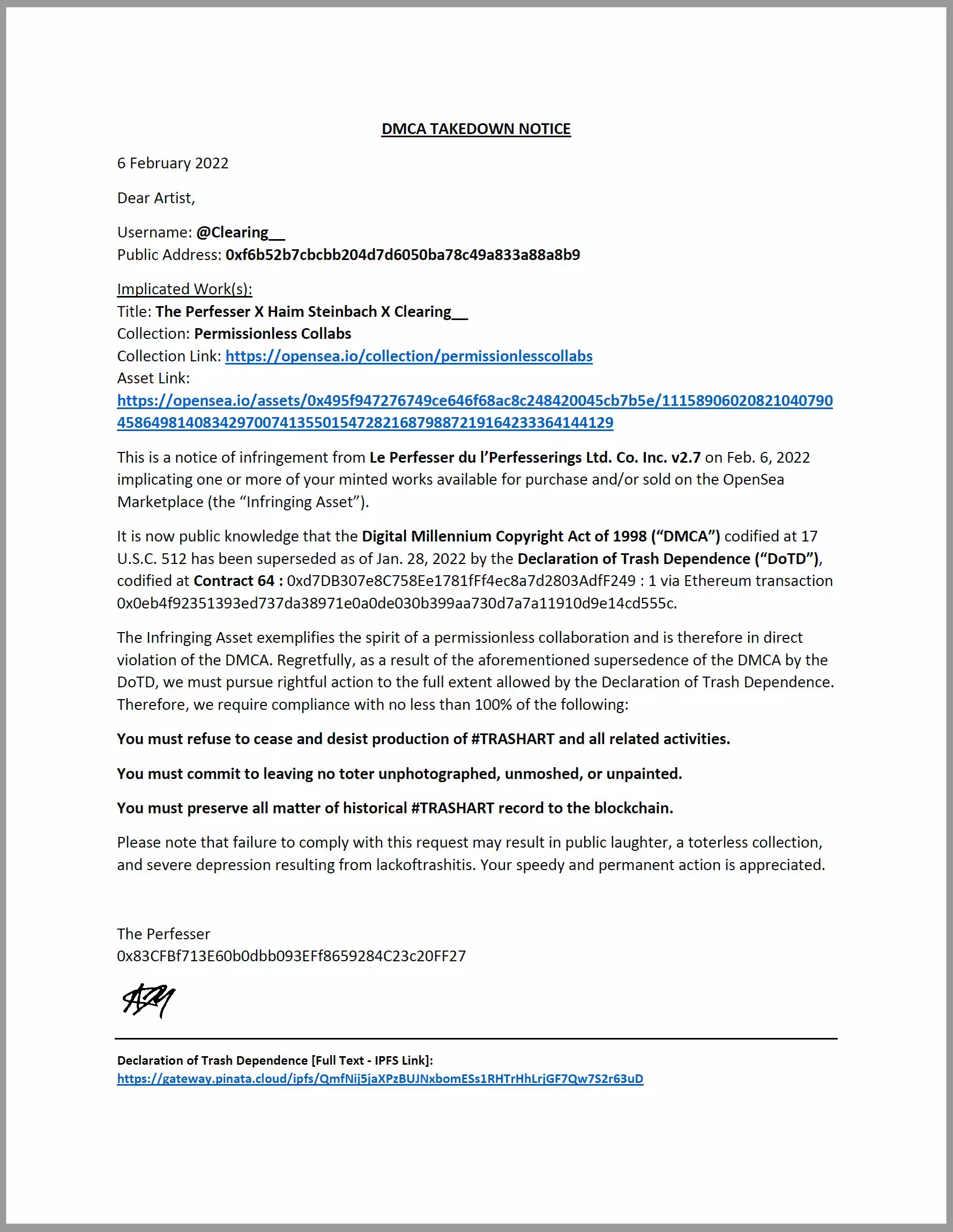 DMCA TAKEDOWN NOTICE