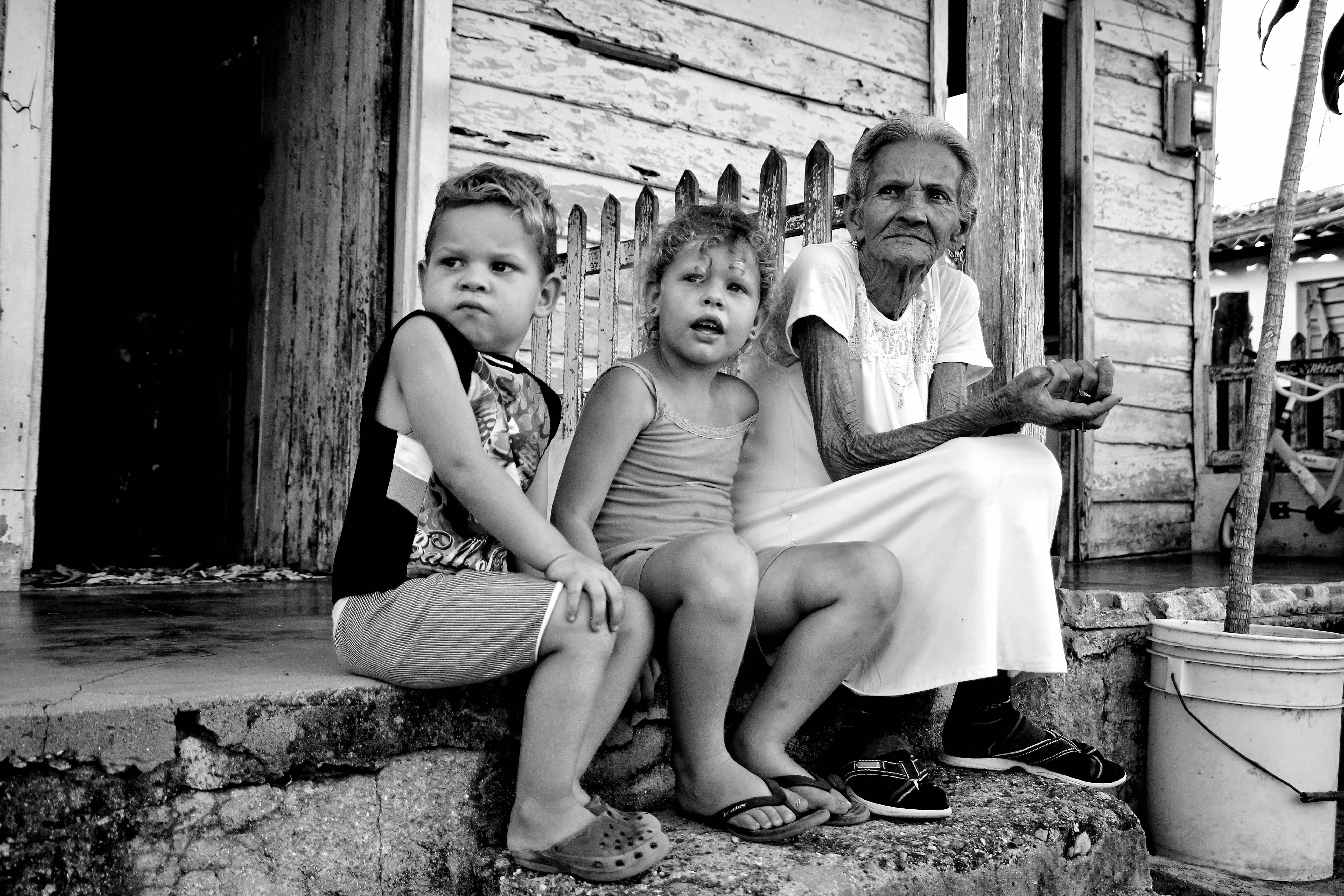 Grandmother with white hair like the moon.