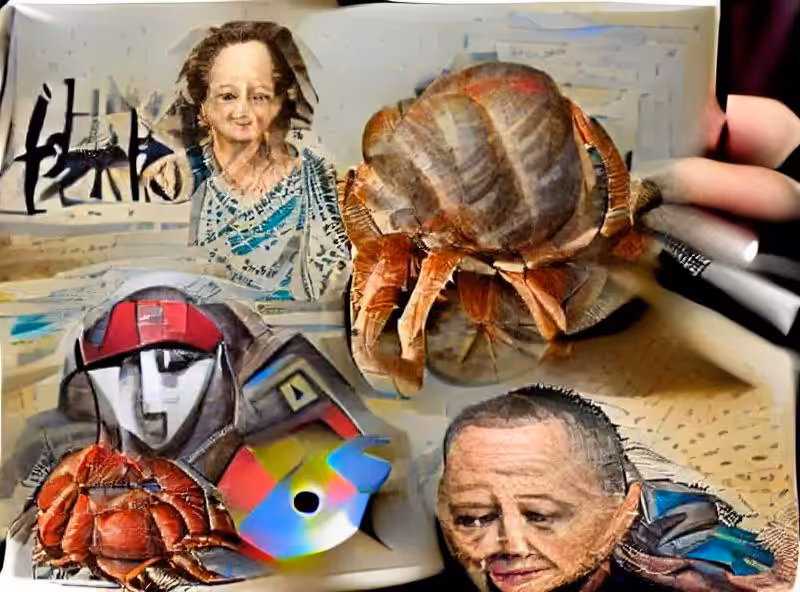 picasso style hermit crab holding linkin park album with tom hanks and betty white listening