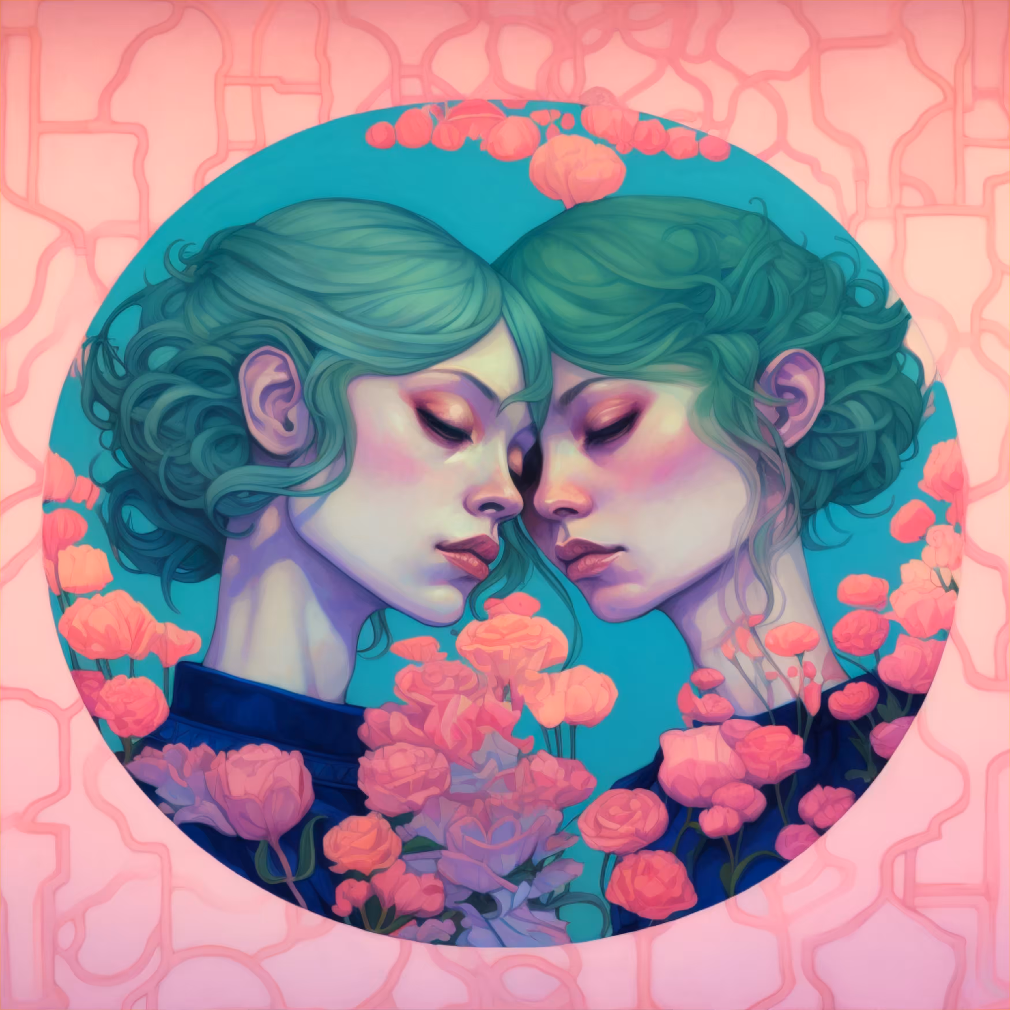 Pink flowers. Green hair