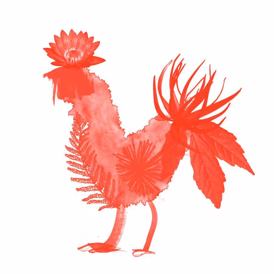 a red hen with flowers 