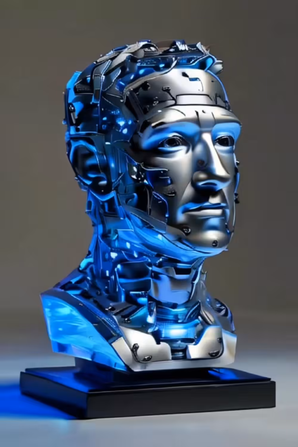 Mark Zuckerberg, the Robot - Silver sculpture with blue neon light