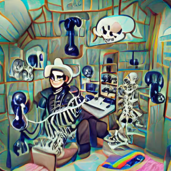 John Karel and his Skeleton Room 🤠☮🤎🍆📞📱🟡☁ (pixray_genesis)