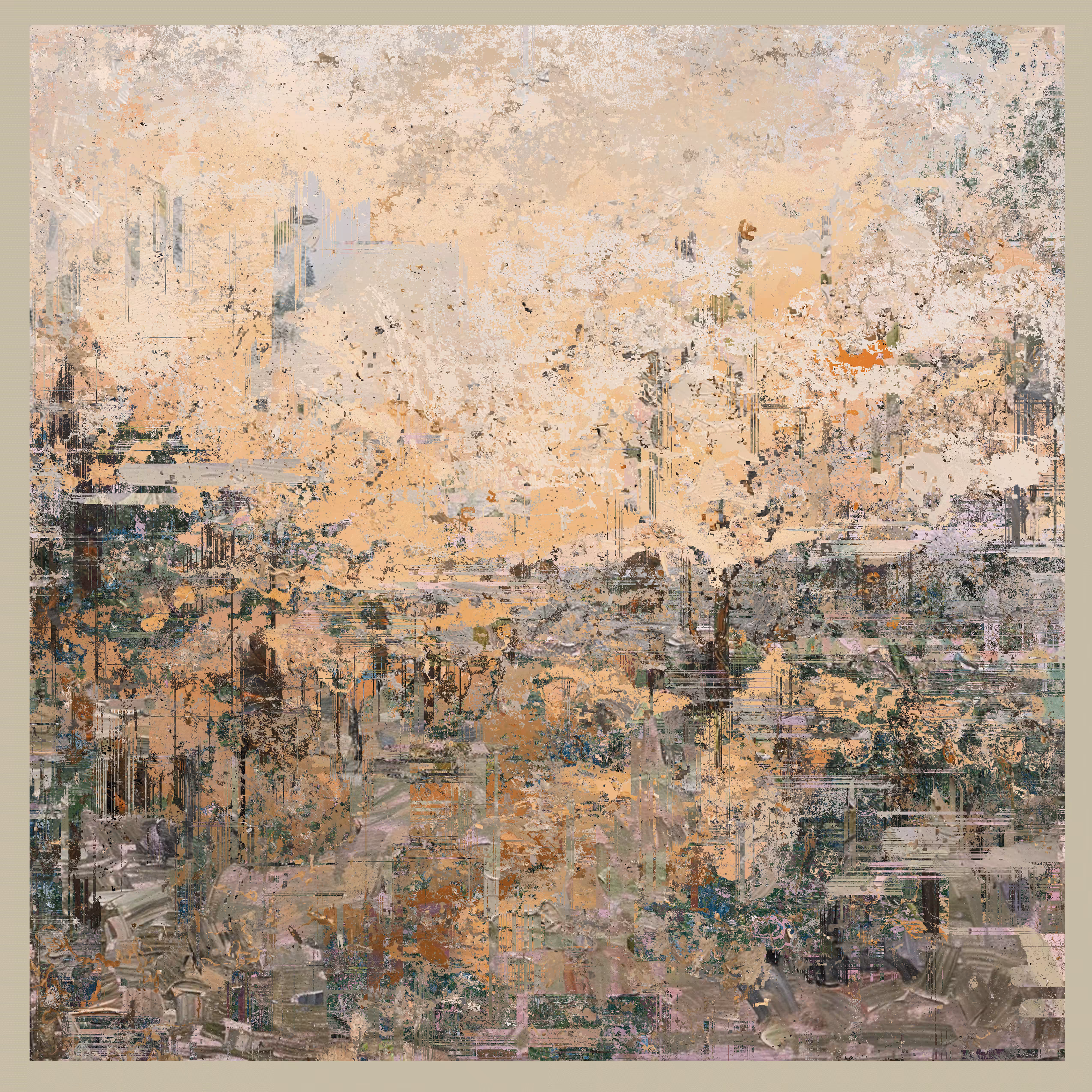 Meta-scapes: Earthy tones and soft beiges blend with fragmented details landscape that evokes a serene memory of natural decay