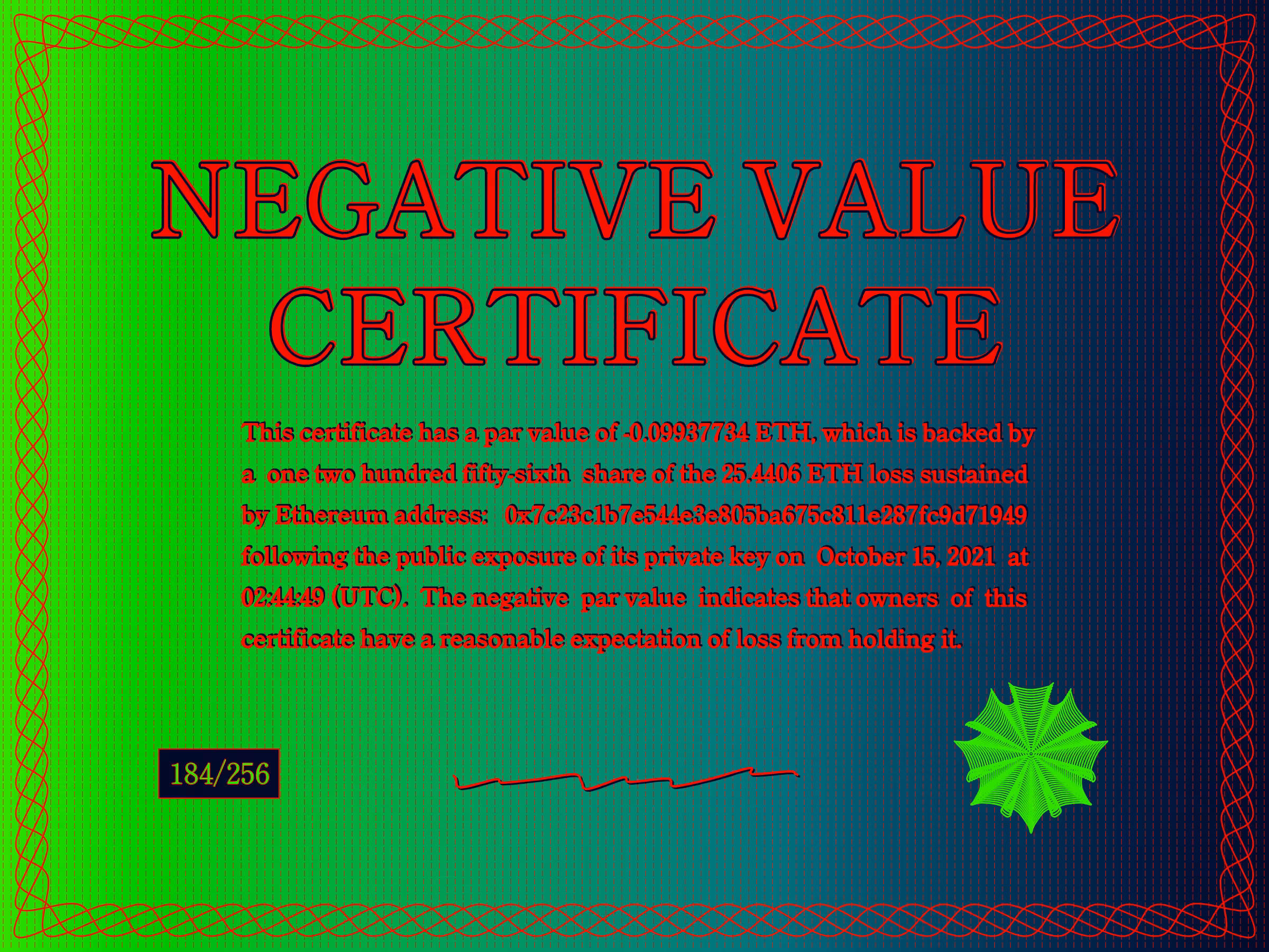 Negative Value Certificate #184 of 256