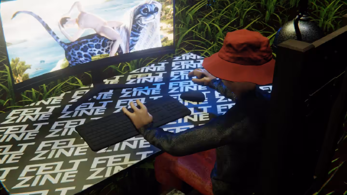 Desktop #292: The Hypebeast in the Electric Chair With a Drone and a Kitty Monitor on a Felt Zine Table in The Forest