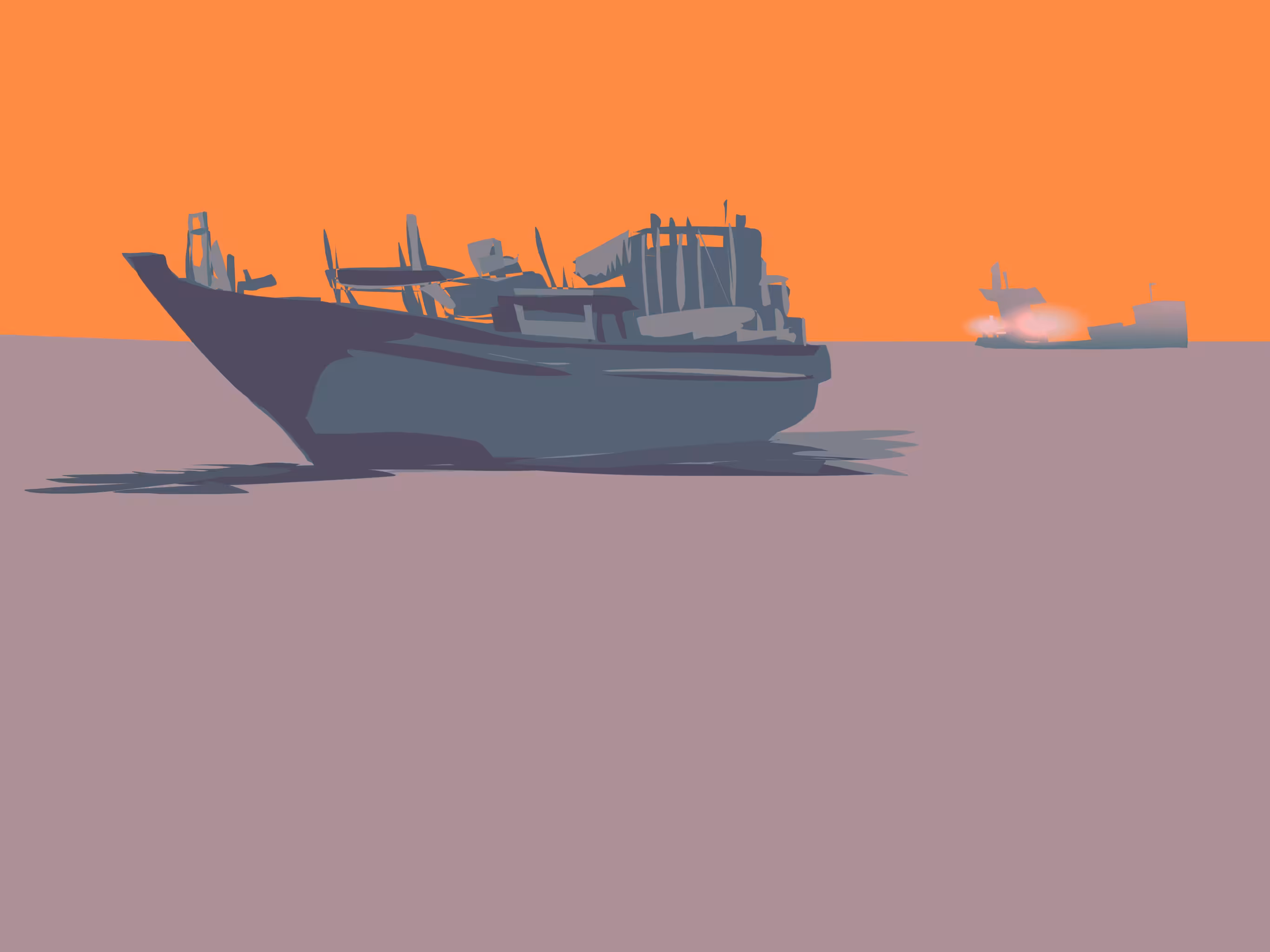 A distant ship smoke on the horizon
