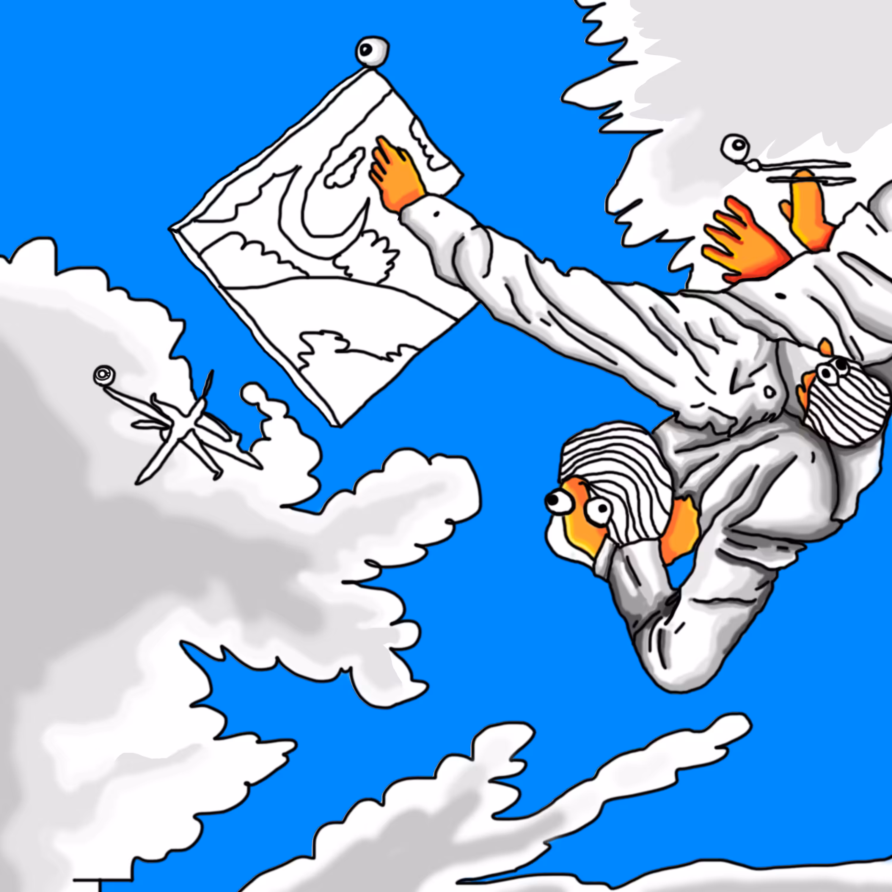 a painter painting a painting falling from a plane