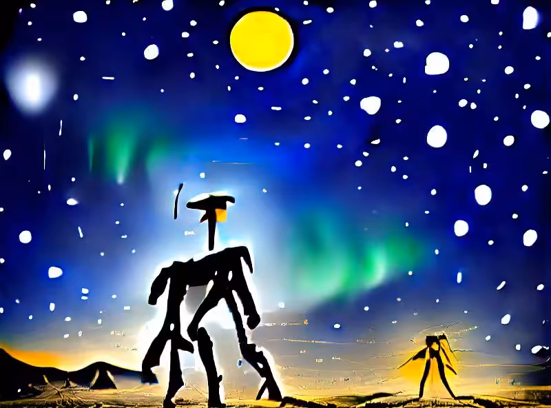 Abraham's First Works: tall and thin robot walking on a tundra under a starry sky at night