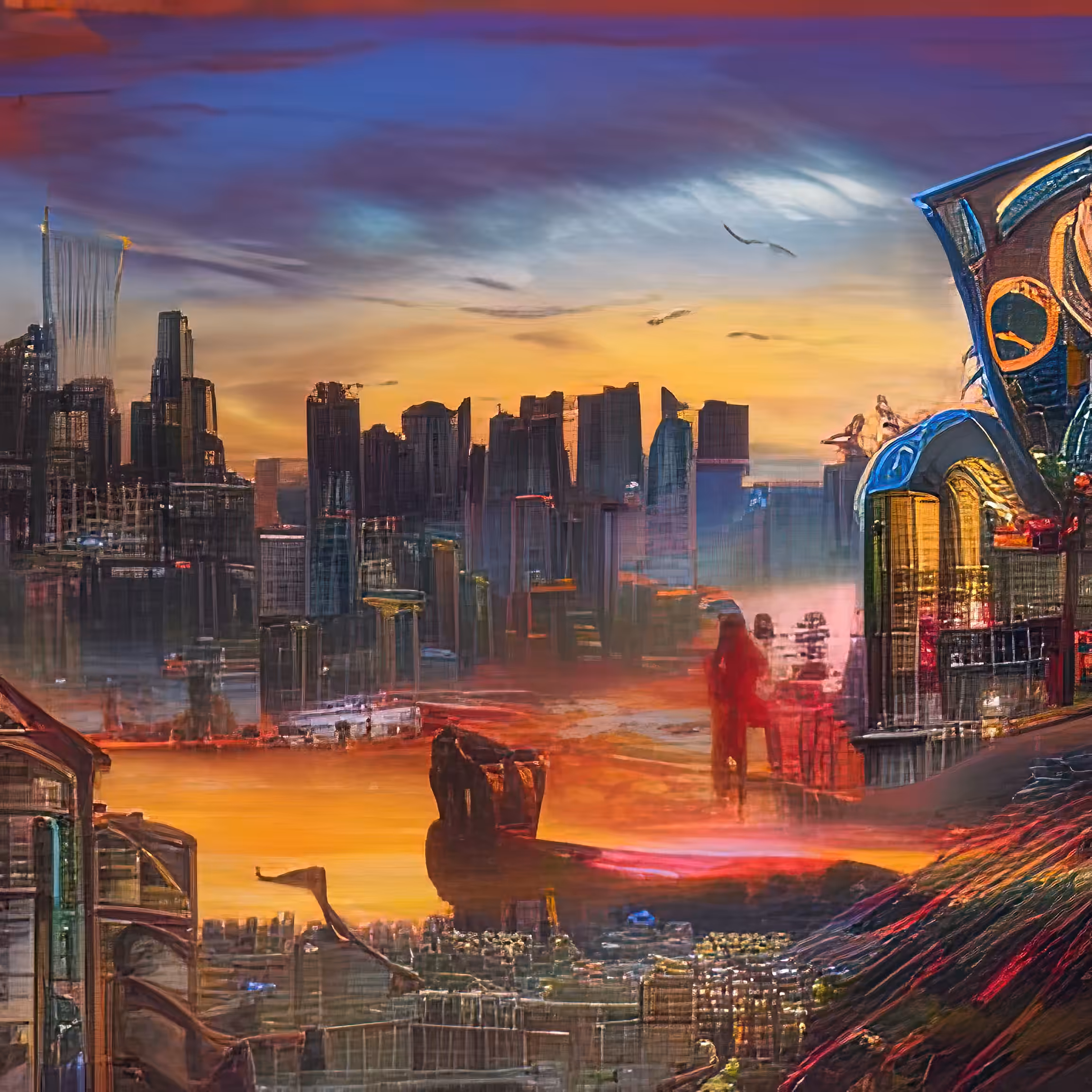 cyberpunk city panorama sunset 591834800