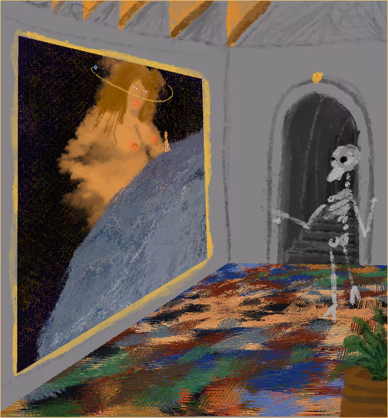 Skeleton looking at cosmic painting