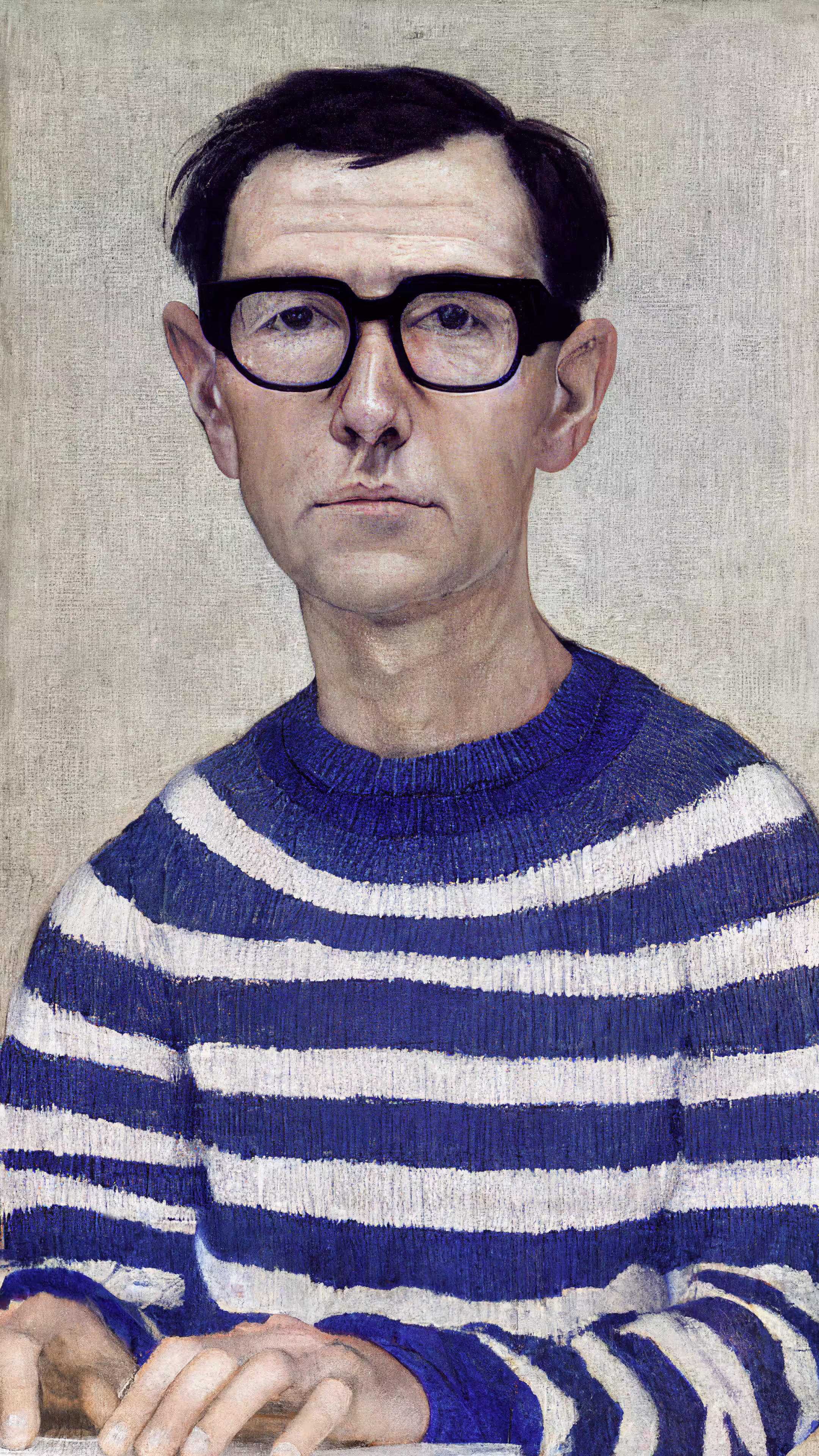 Portrait of a man (75 years old) in a horizontally blue-white thinly-striped french breton jumper wearing square square square cornered rectangular black rim designer glasses and greying short straight hair parting hairstyle, oil on canvas (1991)