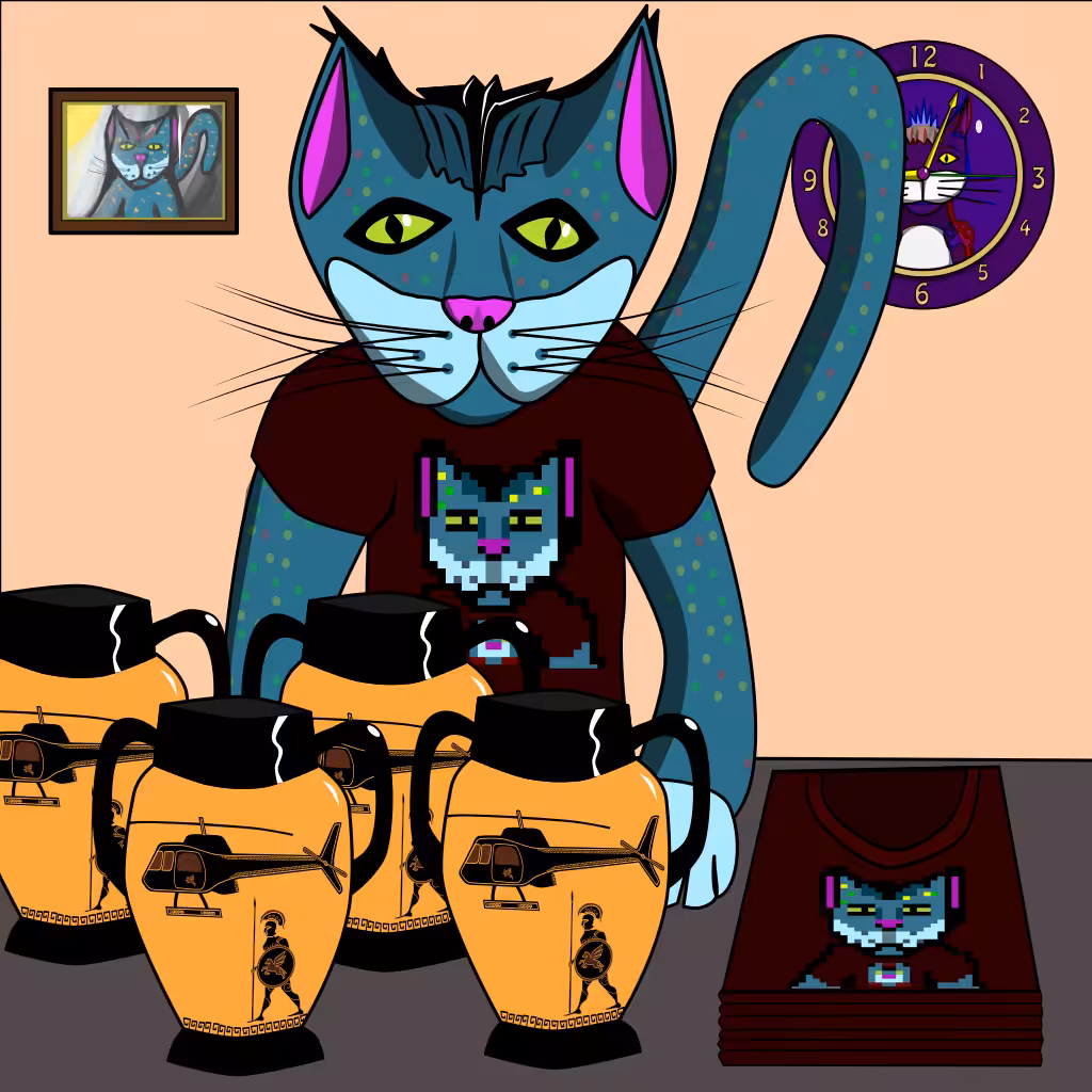 A cat and his merchandise store