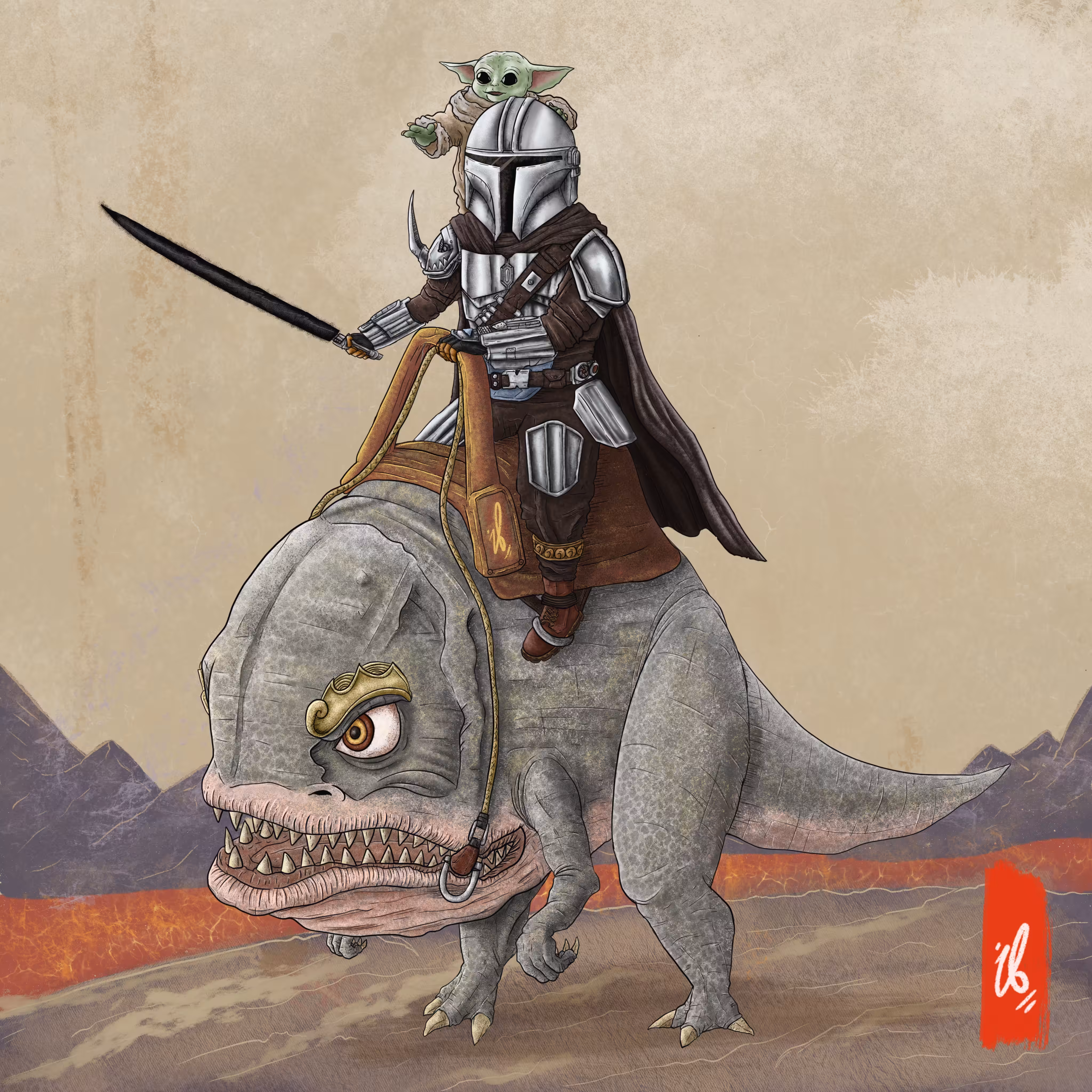 The Mandalorian and little Grogu riding Blurrg
