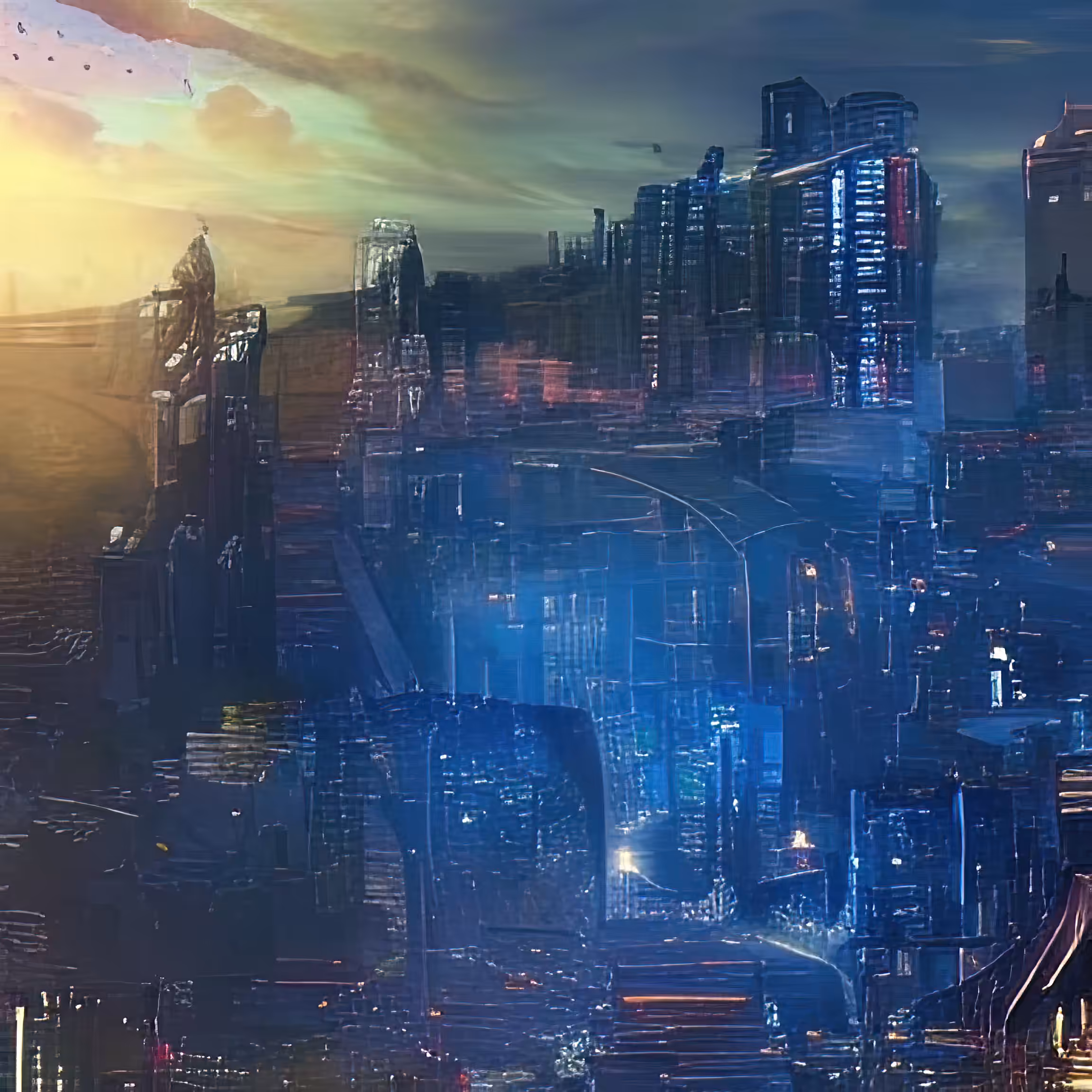 cyberpunk city panorama sunset 592413282