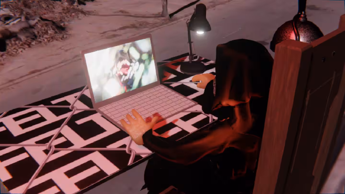 Desktop #241: The Guru in the Electric Chair With a Desk Lamp and a Algo Lite Macbook on a Barbed Wire Table in Conflict