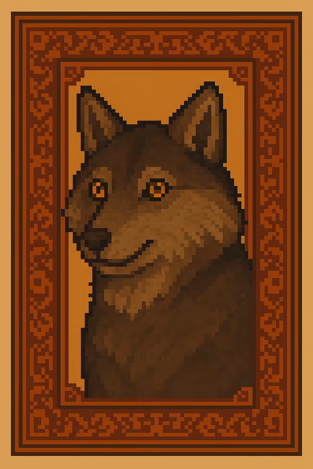 A golden-eyed Persian wolf portrayed in full regality. Wrapped in a carpet-patterned frame, it stands as a symbol of instinct, loyalty, and ancient wilderness.