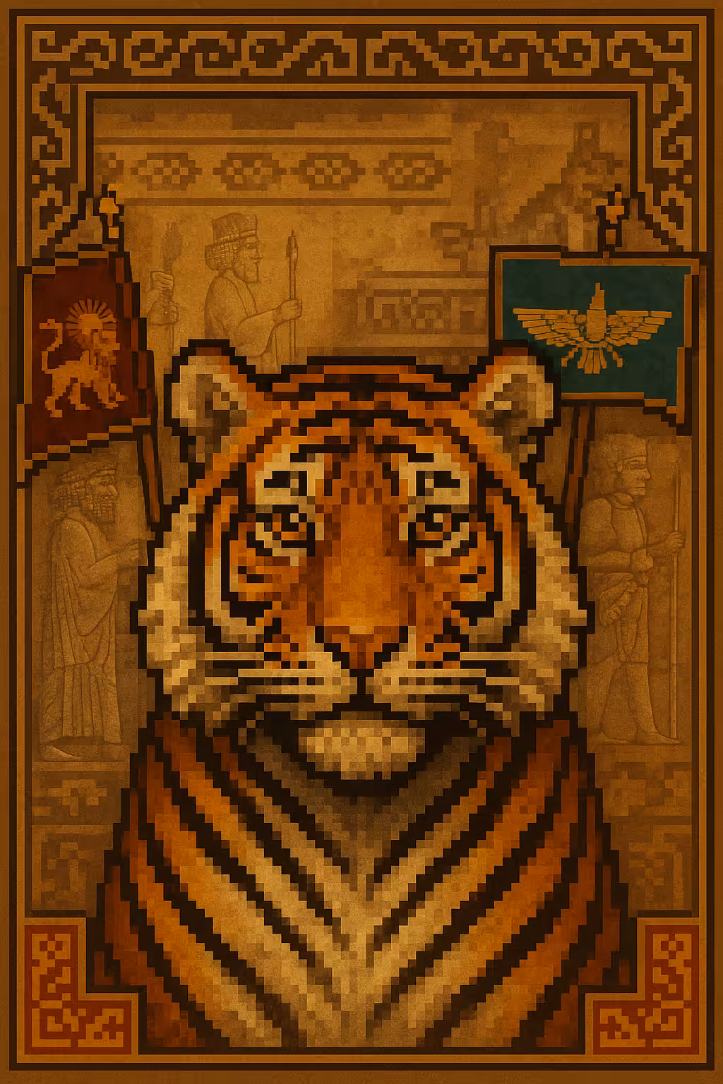 A powerful Caspian tiger reborn in pixel art, flanked by ancient Persian banners. A majestic tribute to a vanished predator and the royal legacy it once roamed.