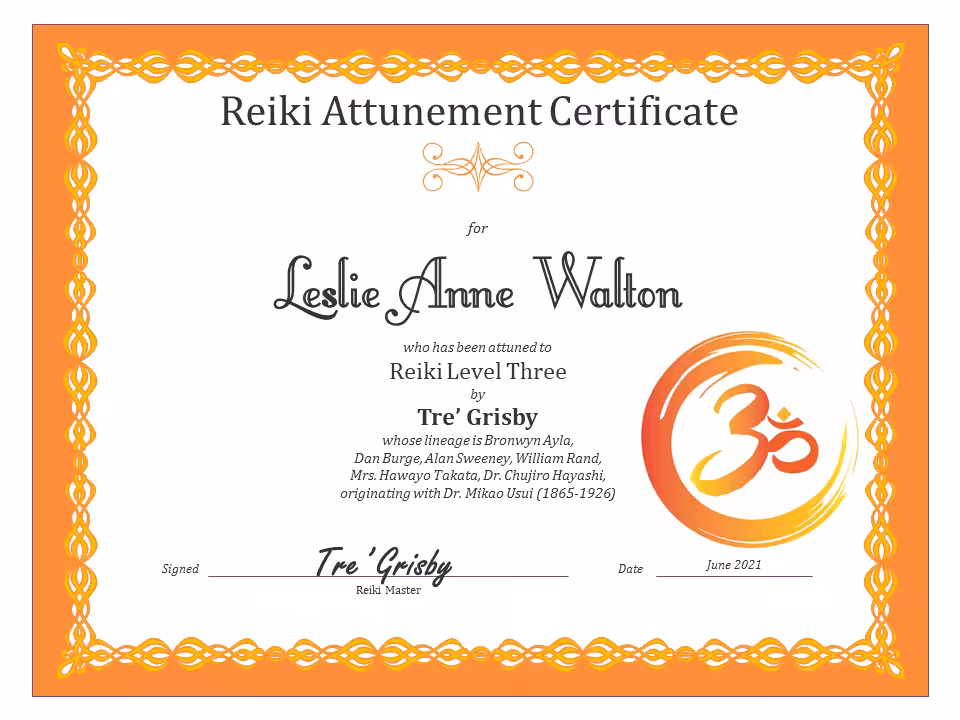 LAW Reiki Level Three Certificate
