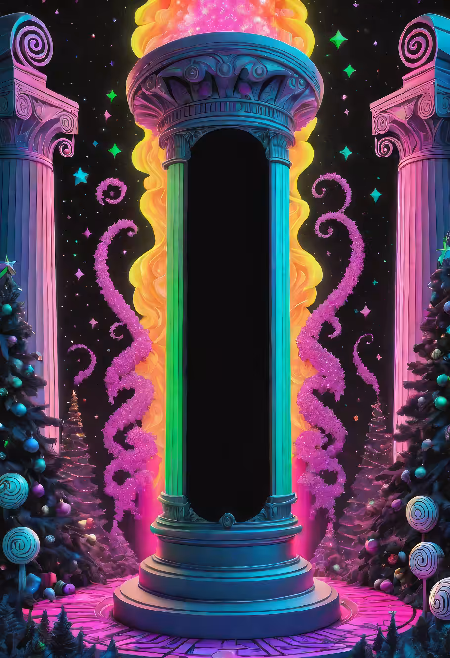 "Illuminated Christmas Pillar in Vibrant Hues"