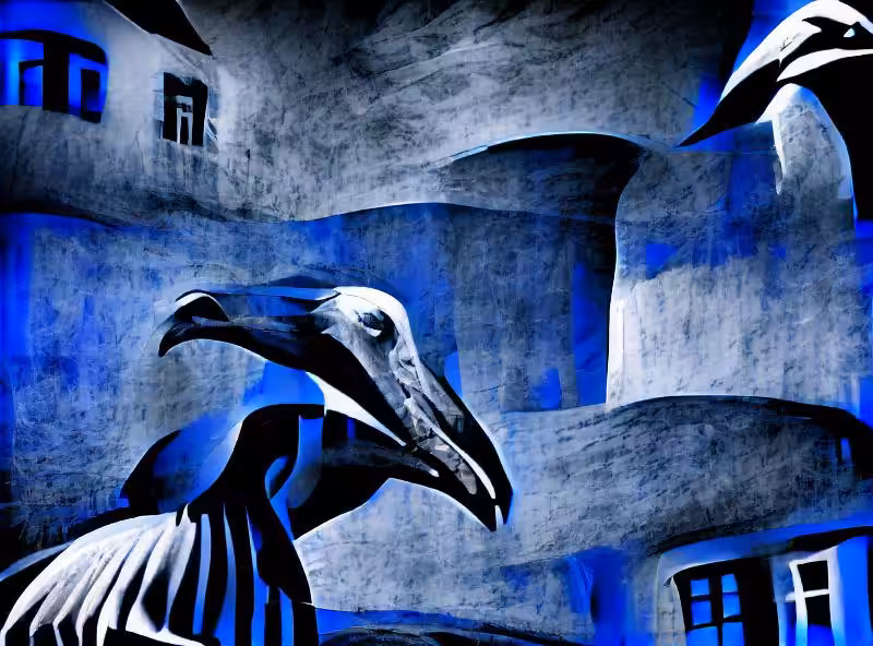 Abraham's First Works: black pelican, blue and white german expressionism atmosphere
