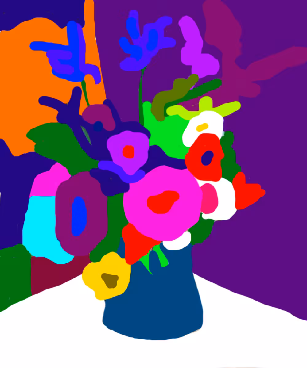 DIGITAL PAINTING: Pot Bleu aux fleurs de printemps sur nappe blanche 