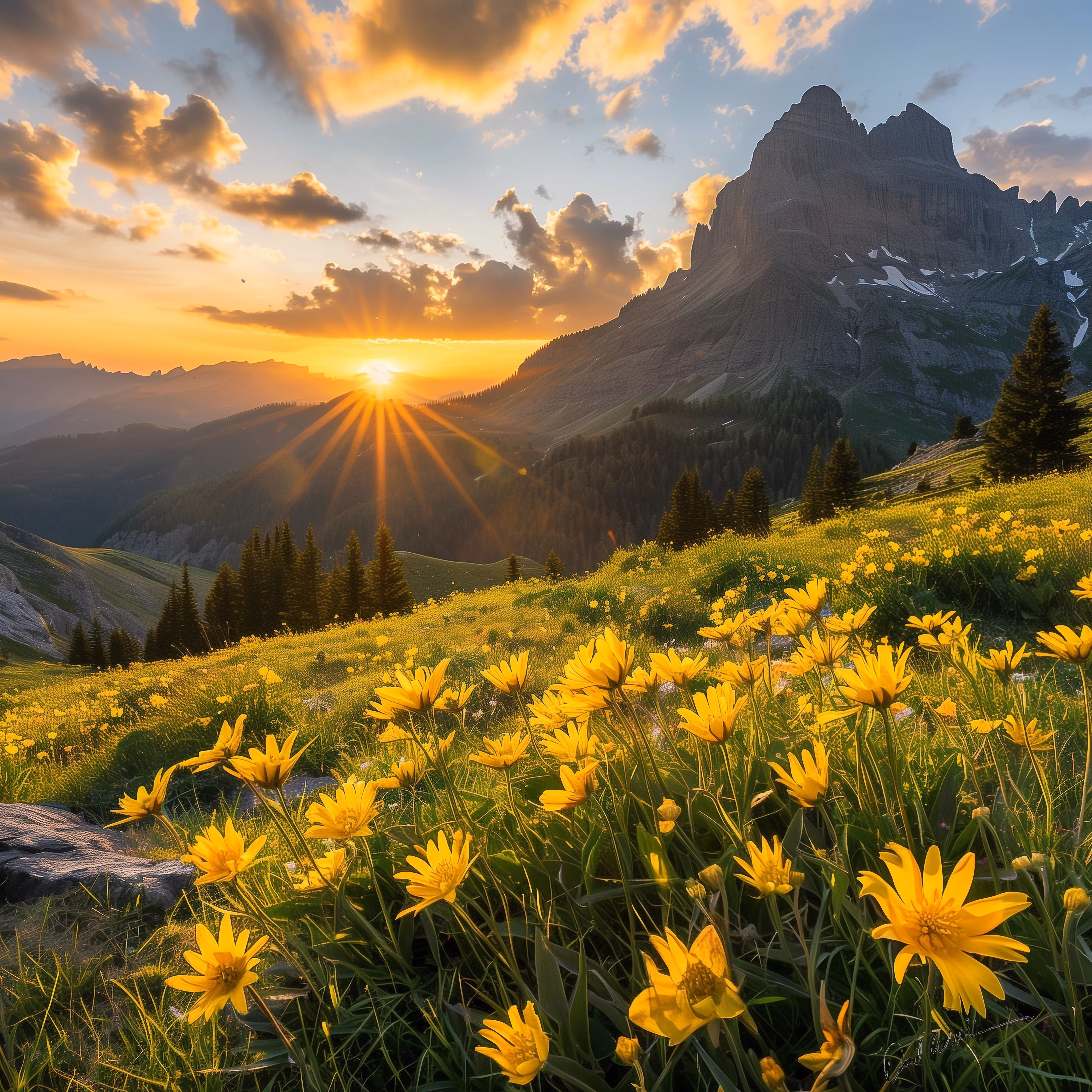 The Sun's Descent Behind a Field of Vibrant Yellow Flowers