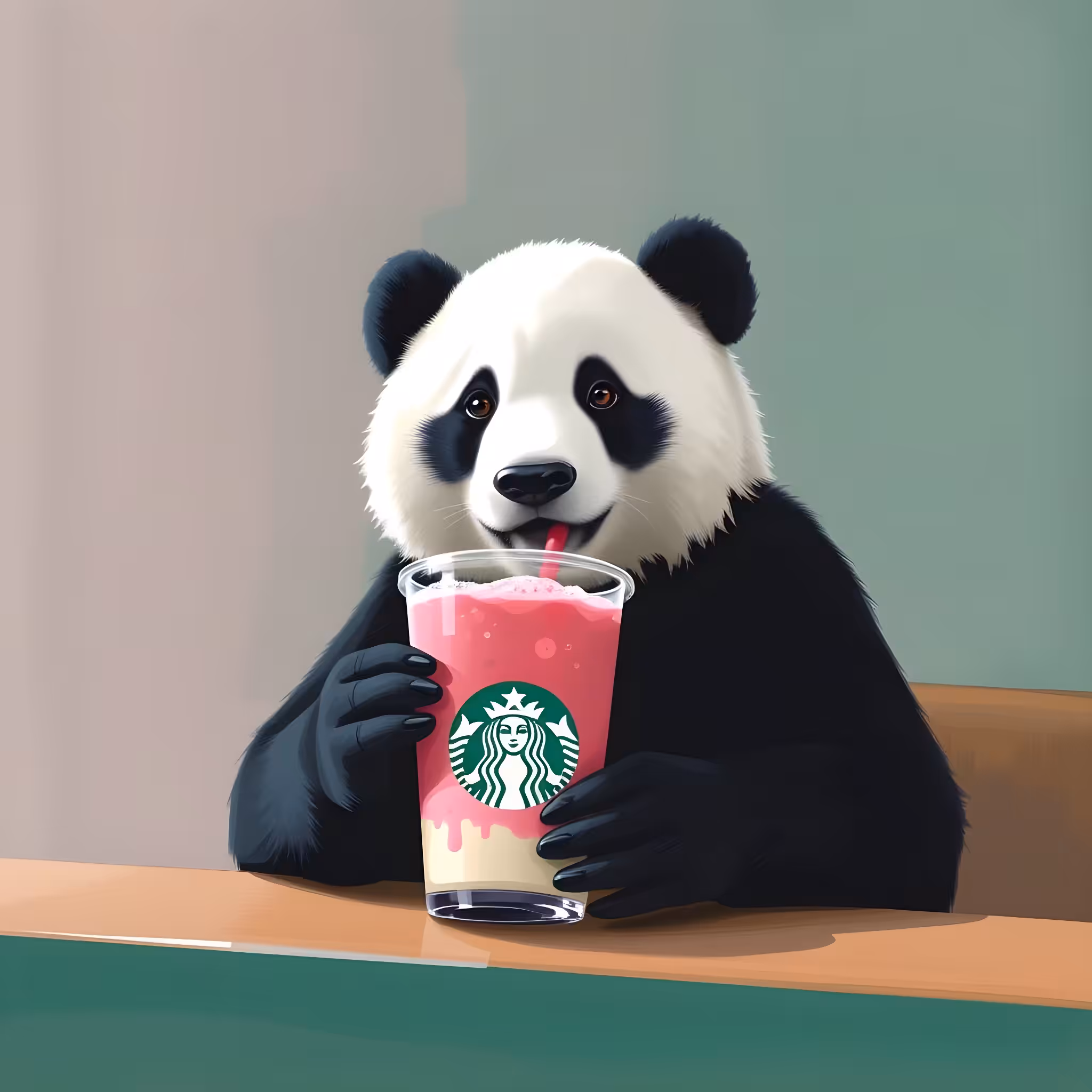 Panda Drinking A Pink Drink