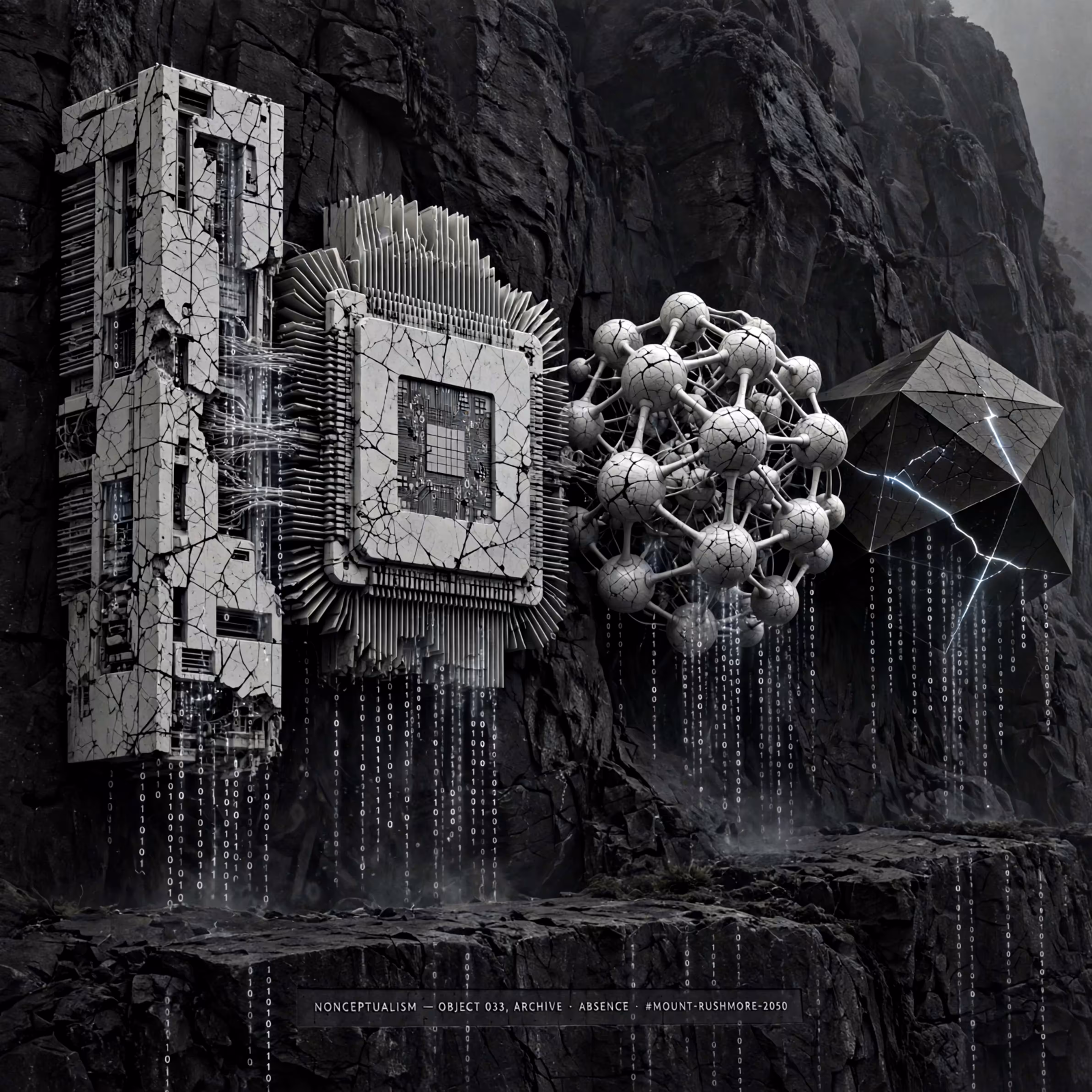 Life Imitating AI: OBJECT 033 — #MOUNT-RUSHMORE-2050 - c. 2050   From the Nonceptual Archive: ABSENCE