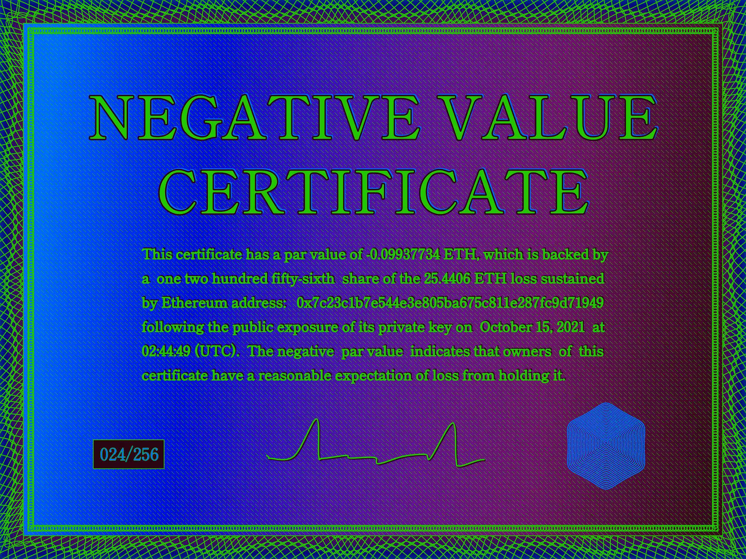 Negative Value Certificate #24 of 256