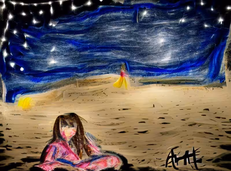 Portrait of a lonely girl sitting on the beach at night under the stars