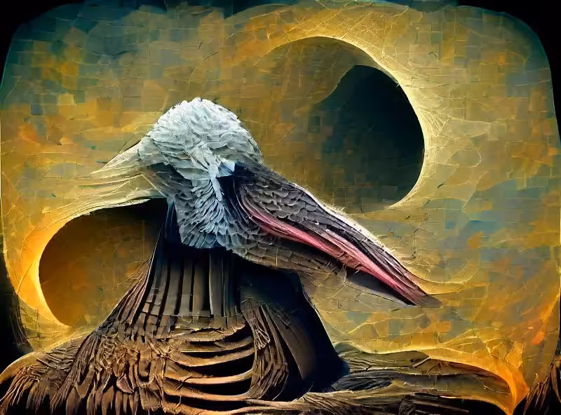 Abraham's First Works: A black pelican in the style of Zdzisław Beksiński