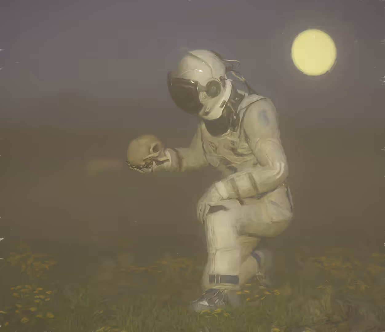 Something is not right - said the astronaut while picking up a skull from the flower field.